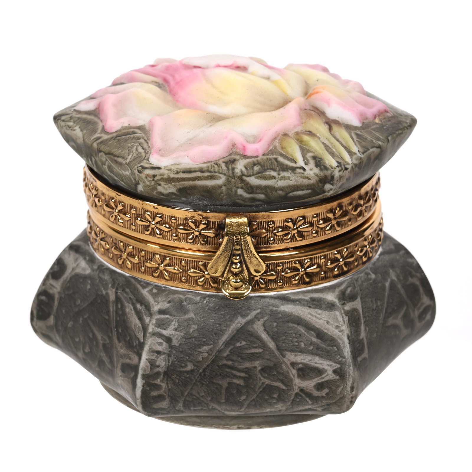 Jewel Box Signed Kelva Art Glass: Jewel Box Signed Kelva Art Glass, 3" x 4", Green Mottled Background With Embossed Rose Lid, Van And Karen Turner Collection.