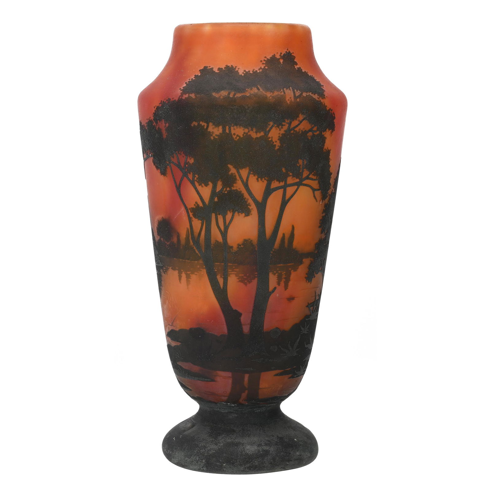 Vase Signed Daum Nancy French Cameo Art Glass: Vase Signed Daum Nancy French Cameo Art Glass, 9" x 4.25", Orange And Yellow Mottled Ground With Dark Cameo Cutback Overlay Of Tree And Lake Scenic Decor, Nice Quality, This Vase Is Genuine Daum From