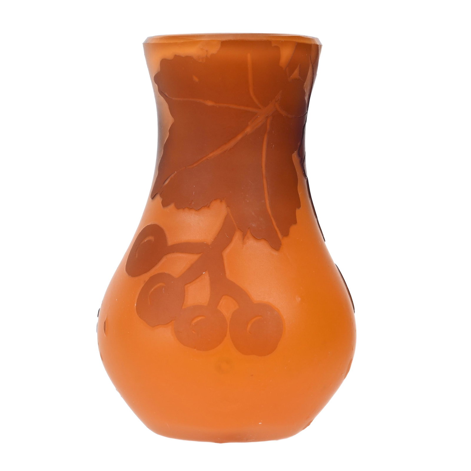 Miniature Vase Signed Weis Cameo Art Glass: Miniature Vase Signed Weis Cameo Art Glass, 1.5" x 1", Orange Ground With Amethyst Cameo Cutback Overlay, Berry, Branch And Leaf Decor, (Beckman & Weis) Circa 1910-1920, Van And Karen Turner Collectio