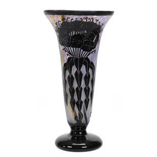 Reproduction Vase Marked Charder Cameo Art Glass: Reproduction Vase Marked Charder Cameo Art Glass, 9.5" x 4.75", Pedestal Vase, Amethyst, Yellow, Pink And White Mottled Ground With Dark Amethyst Cameo Cutback Floral Art Deco Overlay, Woody Auction D