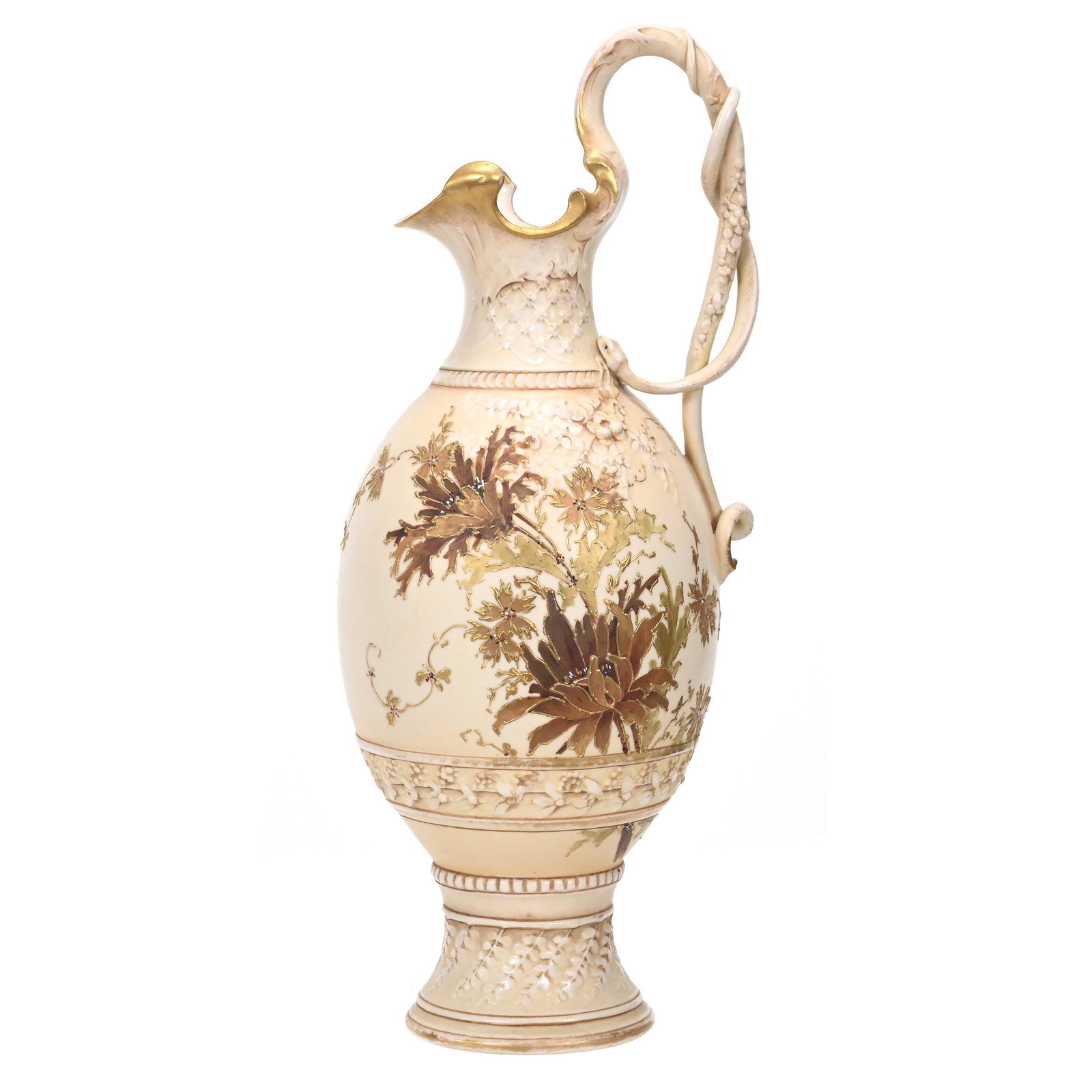 Ewer Marked Stowell Boston: Ewer Marked Stowell Boston, 14" x 5.5", Cream Tones With Elaborate Gold Floral Decor, Figural Snake Handle, Nice Quality, Van And Karen Turner Collection. UPDATED 8-30-22: Corrected Measurement.