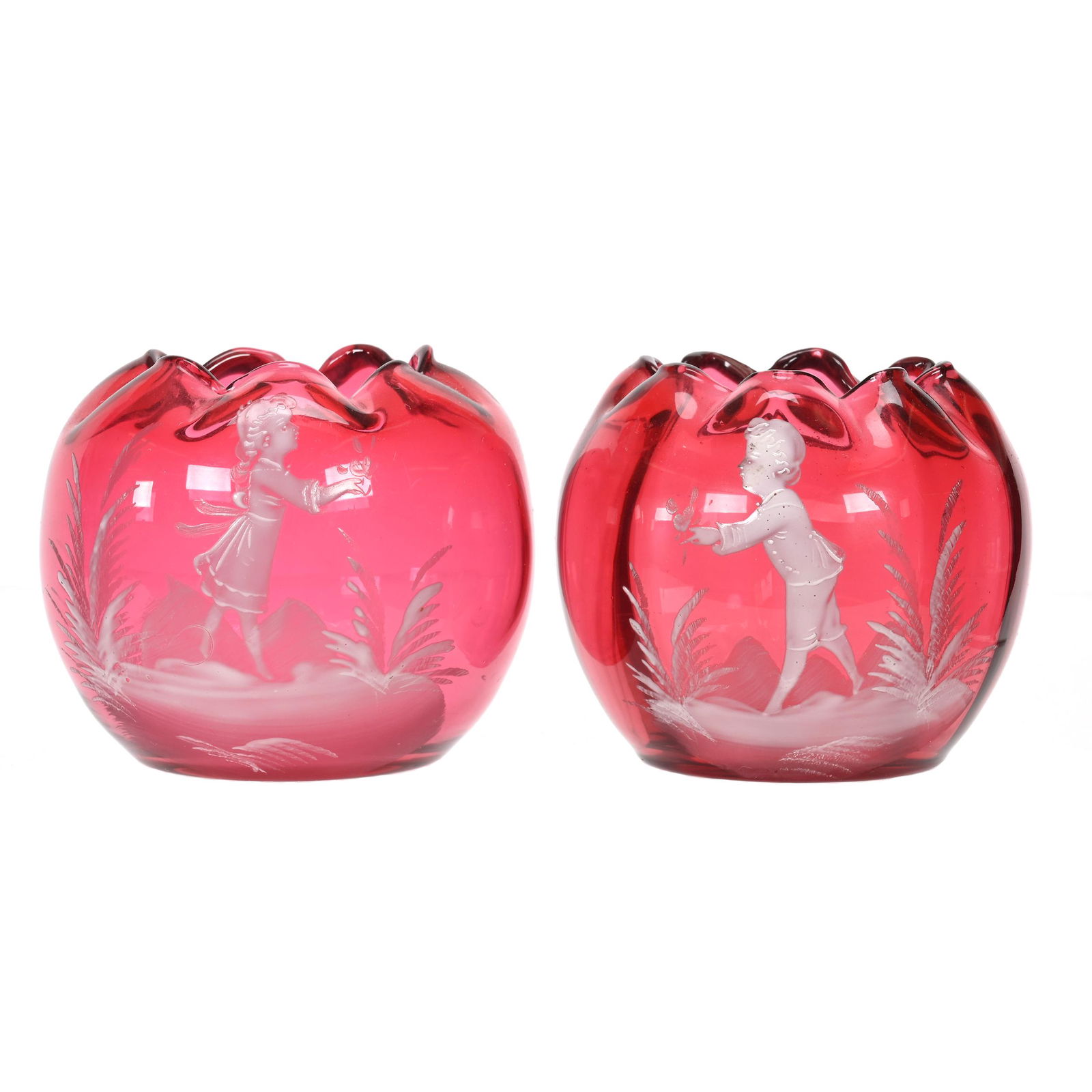 Pair Rose Bowls, Cranberry Art Glass (1 of 3)