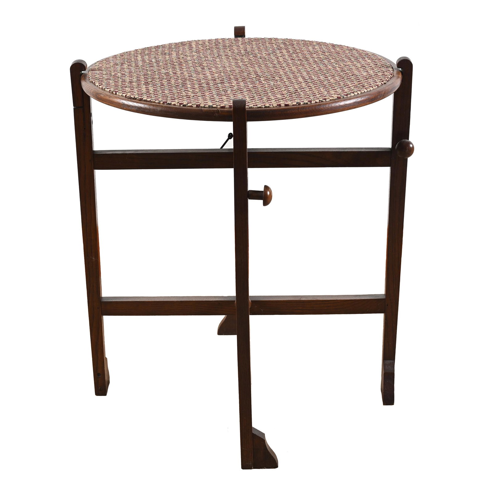 Table, Original Oak British Collapsible, “Revertable”: Table, Original Oak British Collapsible, “Revertable”, 29" x 26", Round Top With Fabric Or Wooden Top - Collapses Down To 29" x 6" - Also Patented In Canada, Belgium, France & Germany, Label State