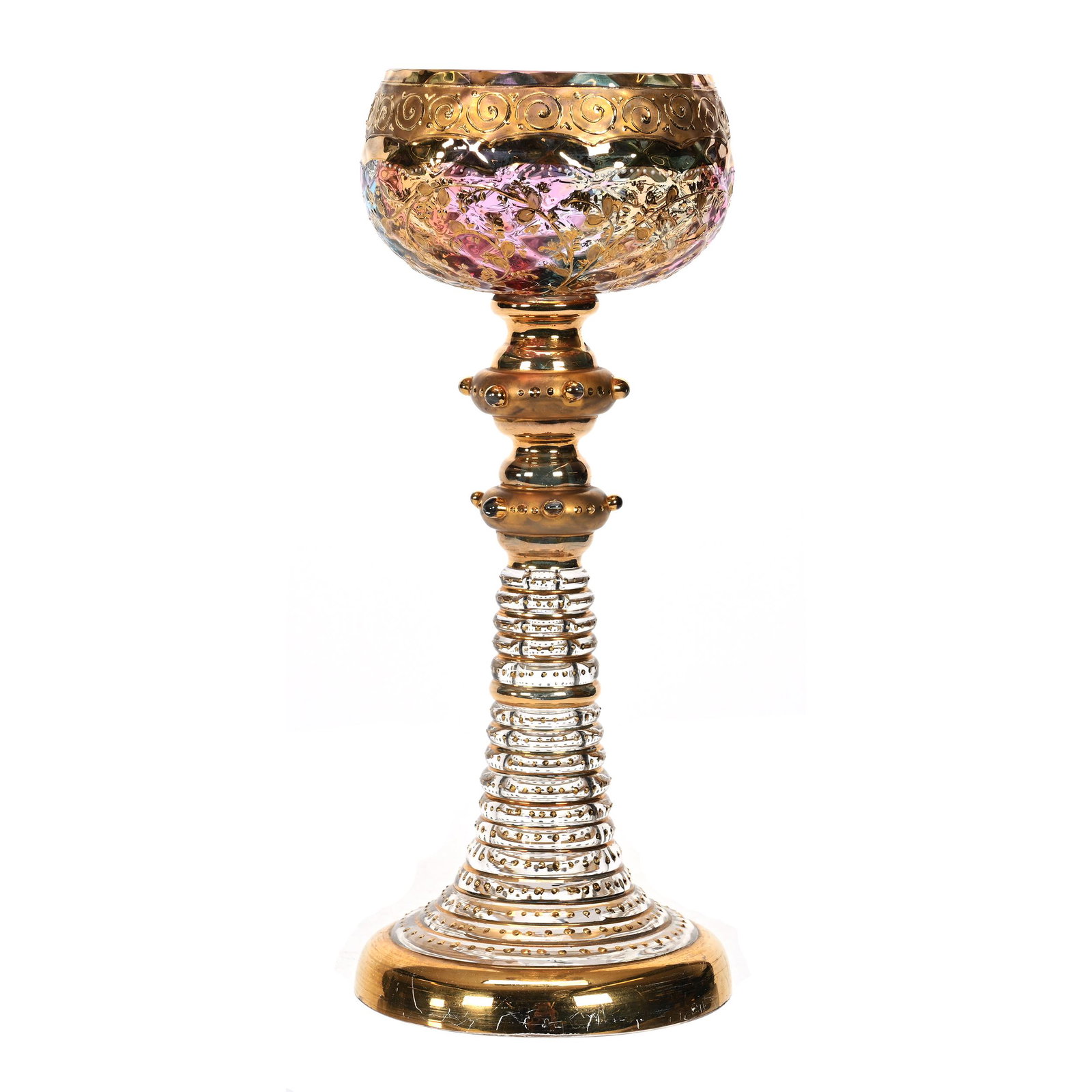 Wine Stem, Rainbow And Clear Bohemian Art Glass: Wine Stem, Rainbow And Clear Bohemian Art Glass, 8” x 3.25", Beautiful Multi-Color Rainbow Bowl With Floral Enamel Highlights, Circular Disk Flared Base With Gold Tapestry Highlights, Rim Nick A