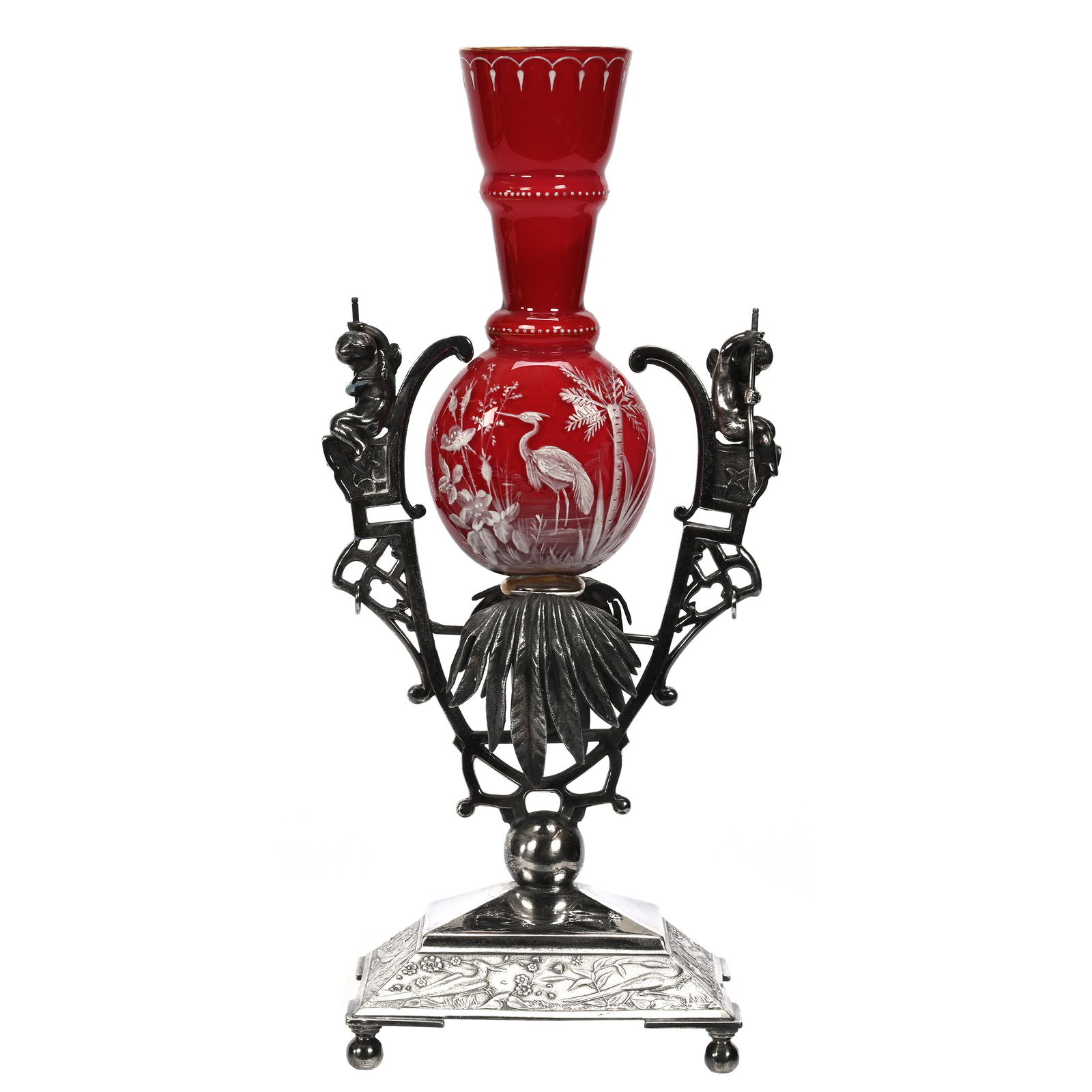 Victorian Art Glass Vase, Silverplate Frame (1 of 4)