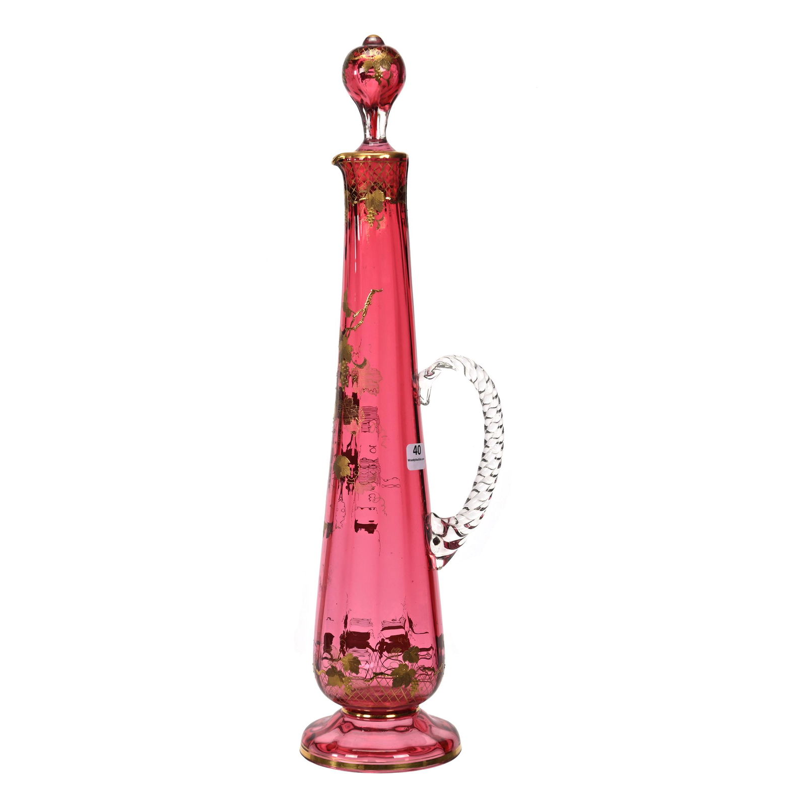 Decanter, Cranberry Optic Rib Art Glass, Decorated (1 of 3)