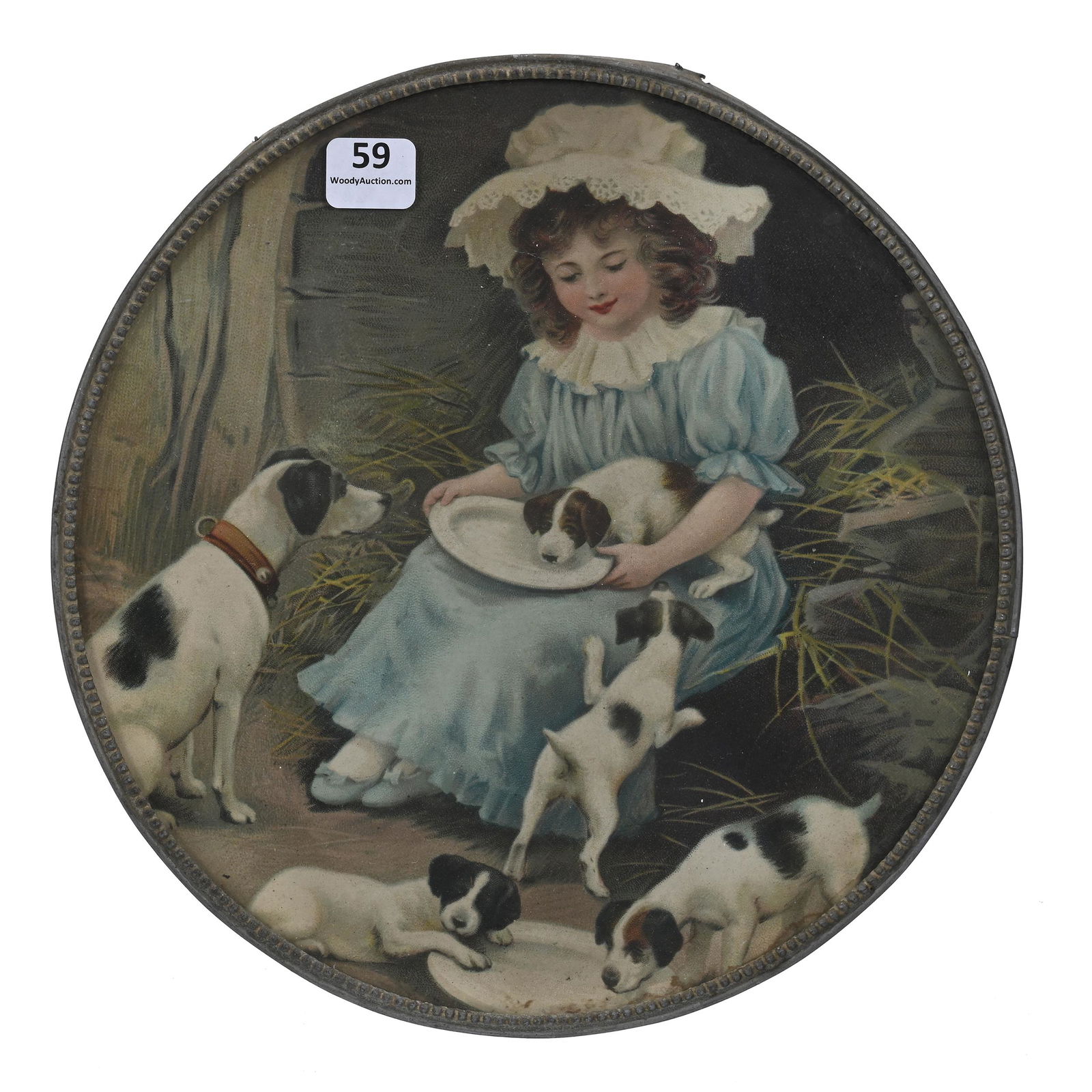 Flue Cover, Young Girl Feeding Dog And Four Pups (1 of 2)