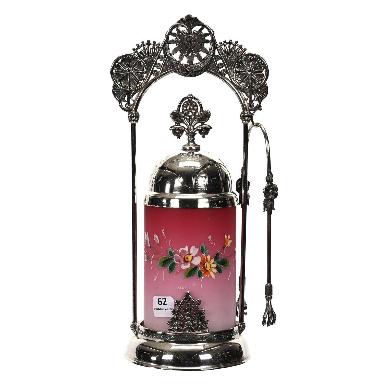 Victorian Pickle Castor, Pink Satin Art Glass Insert: Victorian Pickle Castor, Pink Satin Art Glass Insert, 12” x 5.25", Colorful Floral Decor, Set On Brooklyn #54 Silverplate Frame, The Ron Blessing Estate Collection, Kearney, Nebraska