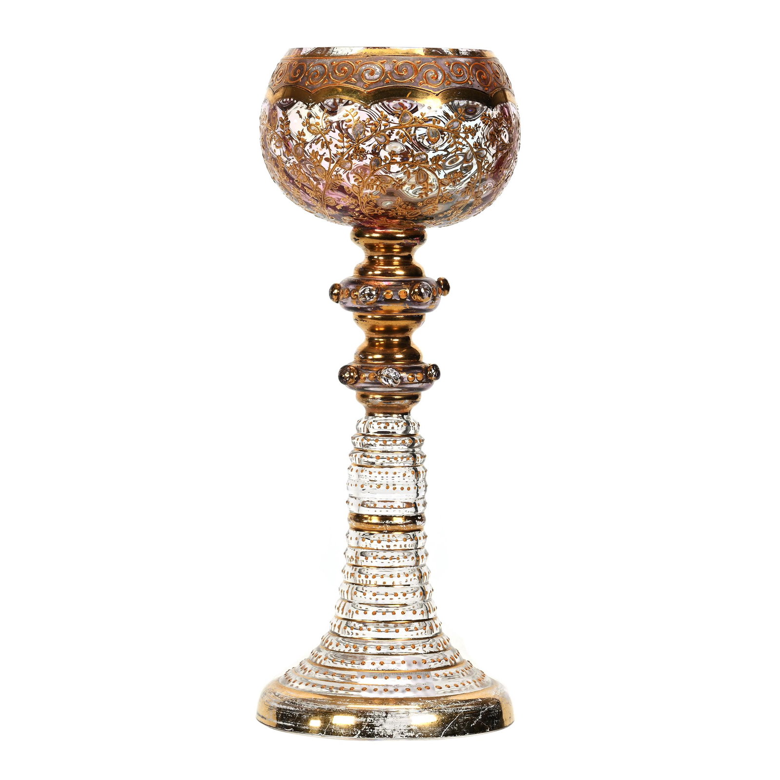 Wine Stem, Rainbow And Clear Bohemian Art Glass: Wine Stem, Rainbow And Clear Bohemian Art Glass, 8” x 3.25", Beautiful Multi-Color Rainbow Bowl With Floral Enamel Highlights, Circular Disk Flared Base With Gold Tapestry Highlights, The Ron Bl