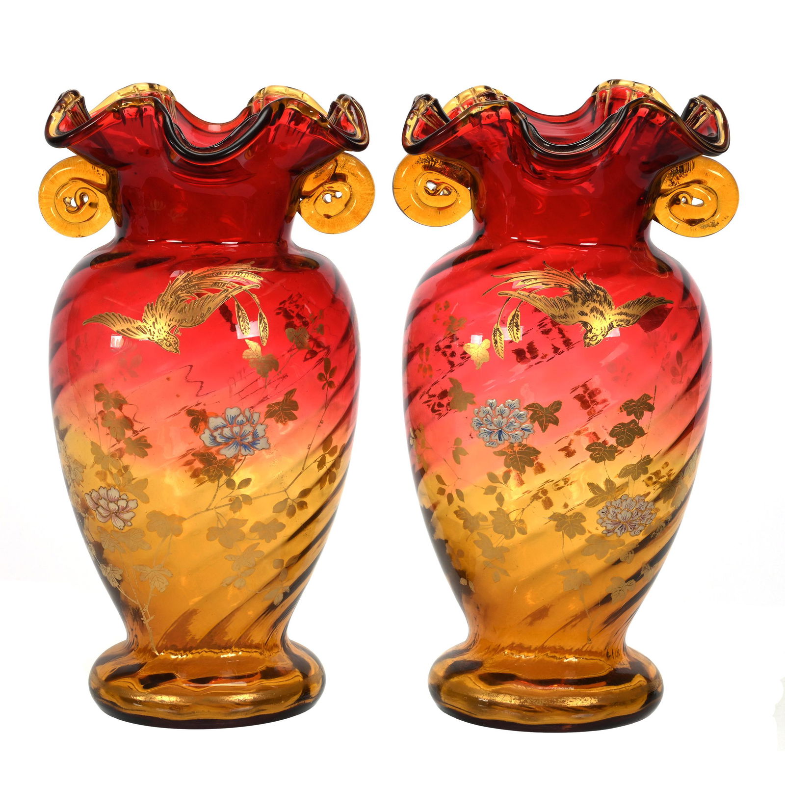 Pair Vases, Amberina Art Glass, Optic Swirl Design (1 of 3)