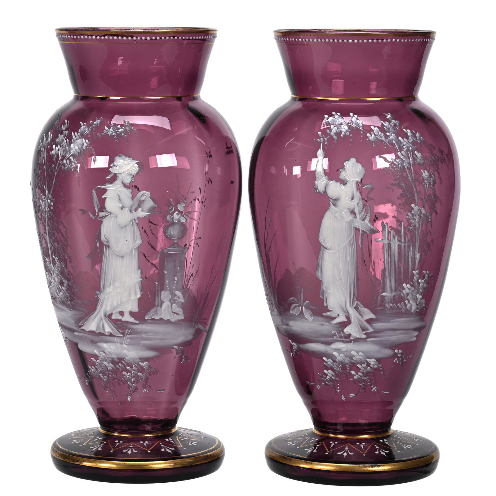 Pair Vases, Amethyst Art Glass, Decorated (1 of 3)