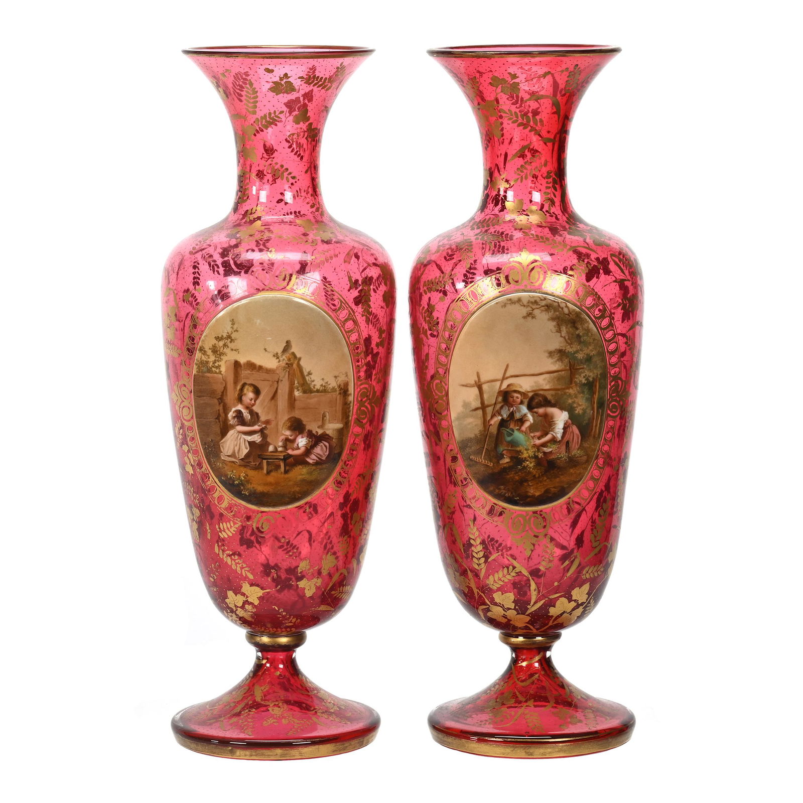 Pair Pedestal Vases, Cranberry Bohemian Art Glass (1 of 3)