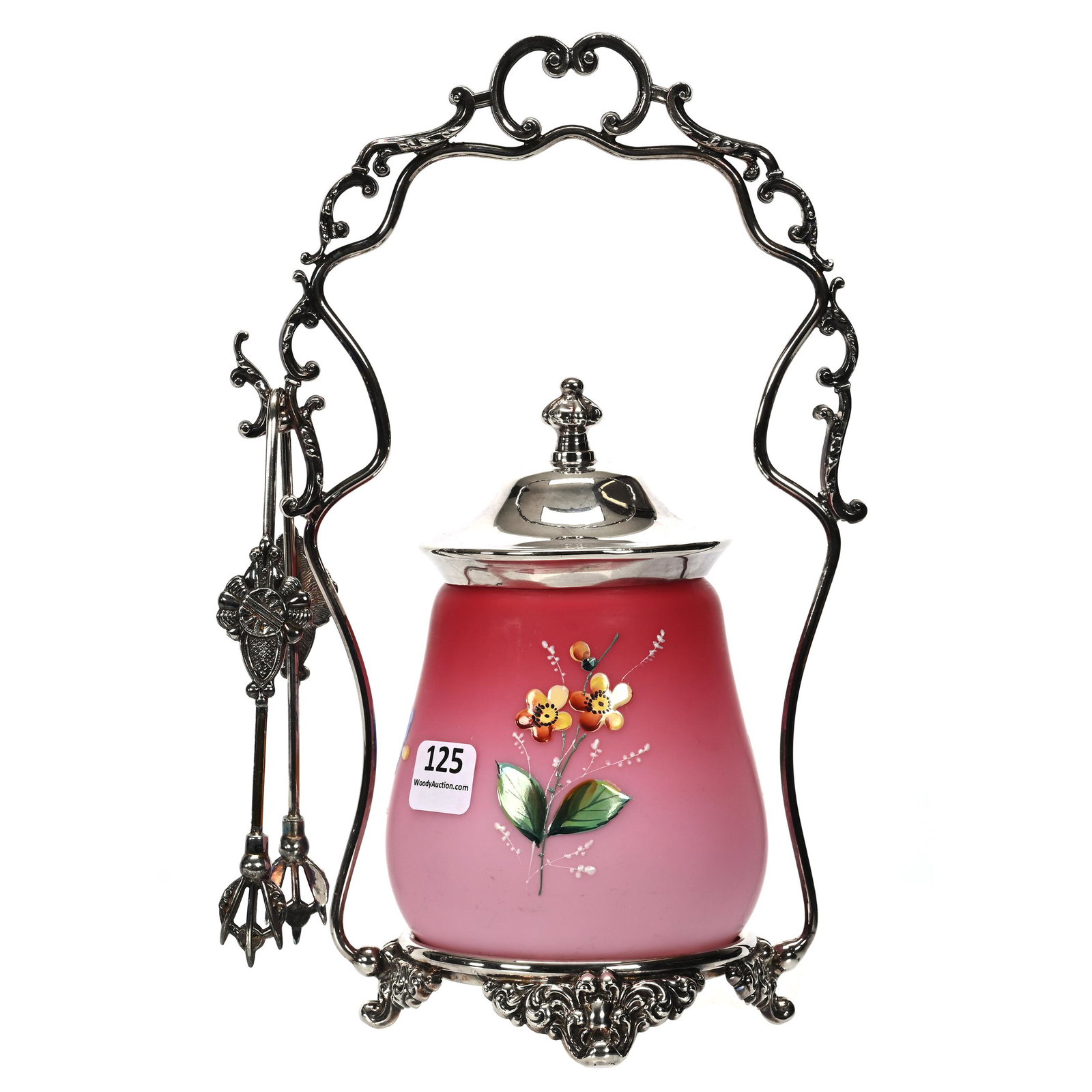 Victorian Pickle Castor, Pink Satin Art Glass Insert: Victorian Pickle Castor, Pink Satin Art Glass Insert, 10” x 6.25", Enamel Floral Decor, Set On Forbes #275 Silverplate Frame, The Ron Blessing Estate Collection, Kearney, Nebraska