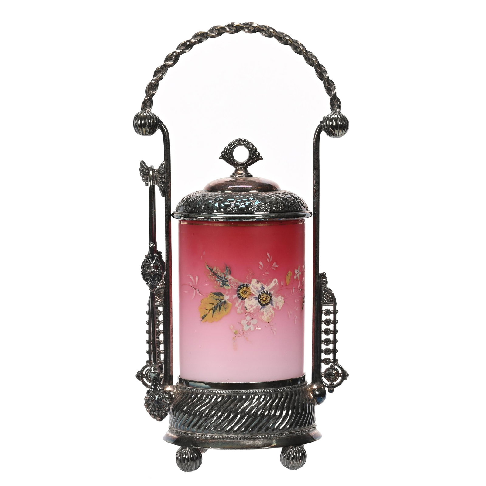 Victorian Pickle Castor, Pink Satin Art Glass Insert: Victorian Pickle Castor, Pink Satin Art Glass Insert, 11.5” x 5.5", Enamel Floral Decor, Set On Meriden #0141 Silverplate Frame, The Ron Blessing Estate Collection, Kearney, Nebraska