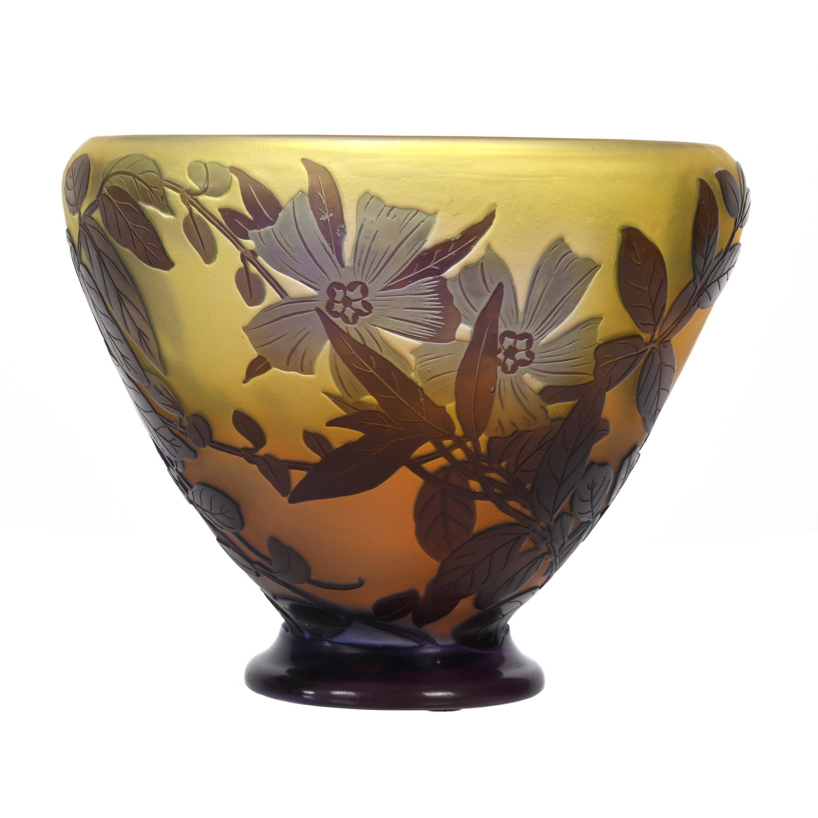 Vase Signed Galle French Cameo Art Glass: Vase Signed Galle French Cameo Art Glass, 5.25” x 6.5", Yellow Ground With Lavender Cameo Cutback Floral Overlay, This Vase Is Genuine Galle From The Turn Of The Century, The Ron Blessing Estate