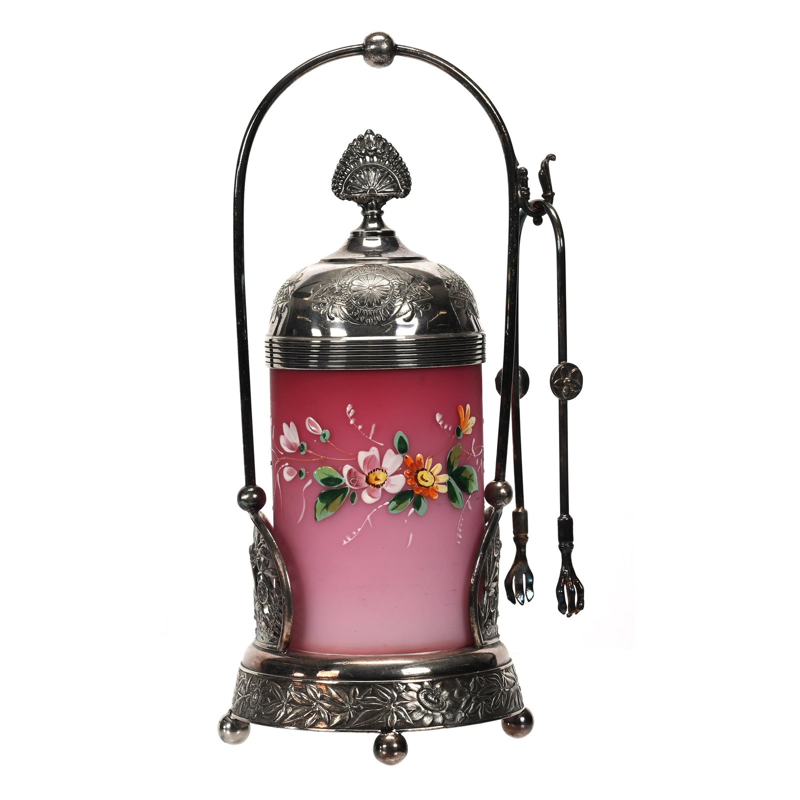 Victorian Pickle Castor, Pink Satin Art Glass Insert: Victorian Pickle Castor, Pink Satin Art Glass Insert, 10.25” x 4.5", Enamel Floral Decor, Set On Meriden #0633 Silverplate Frame With Cut-Out Design Of Winged Fairy, The Ron Blessing Estate Coll