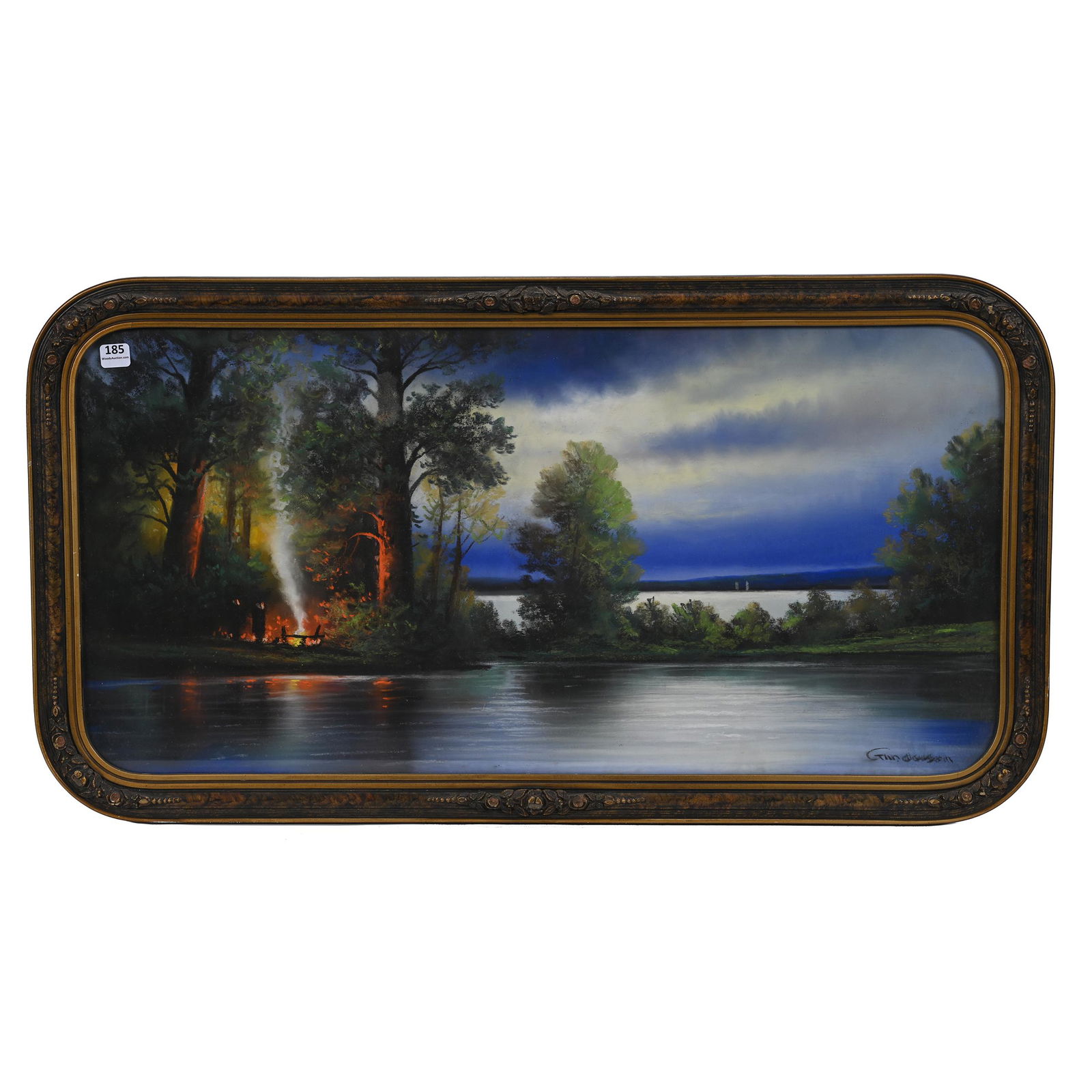 Framed Pastel, Scene Of Campfire Near Lakeside (1 of 3)