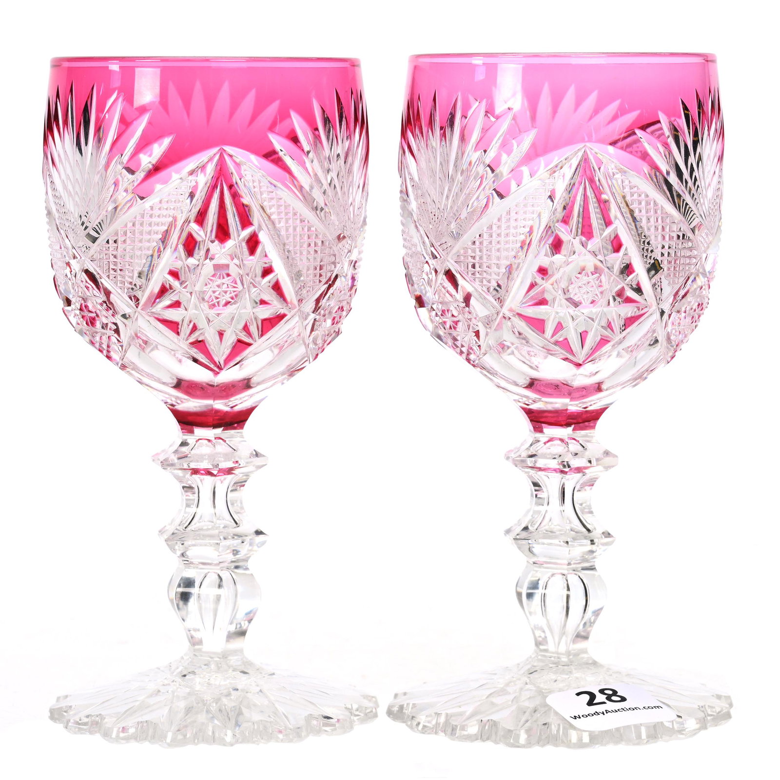 Pair Wine Stems, BPCG, Cranberry Cut To Clear: Pair Wine Stems, Brilliant Period Cut Glass, Cranberry Cut To Clear, 5.25" X 2.75", Florida Patten By Val St. Lambert, Circa 1900, Elaborate Stem, Scalloped Hobstar Foot, Personal Collection.