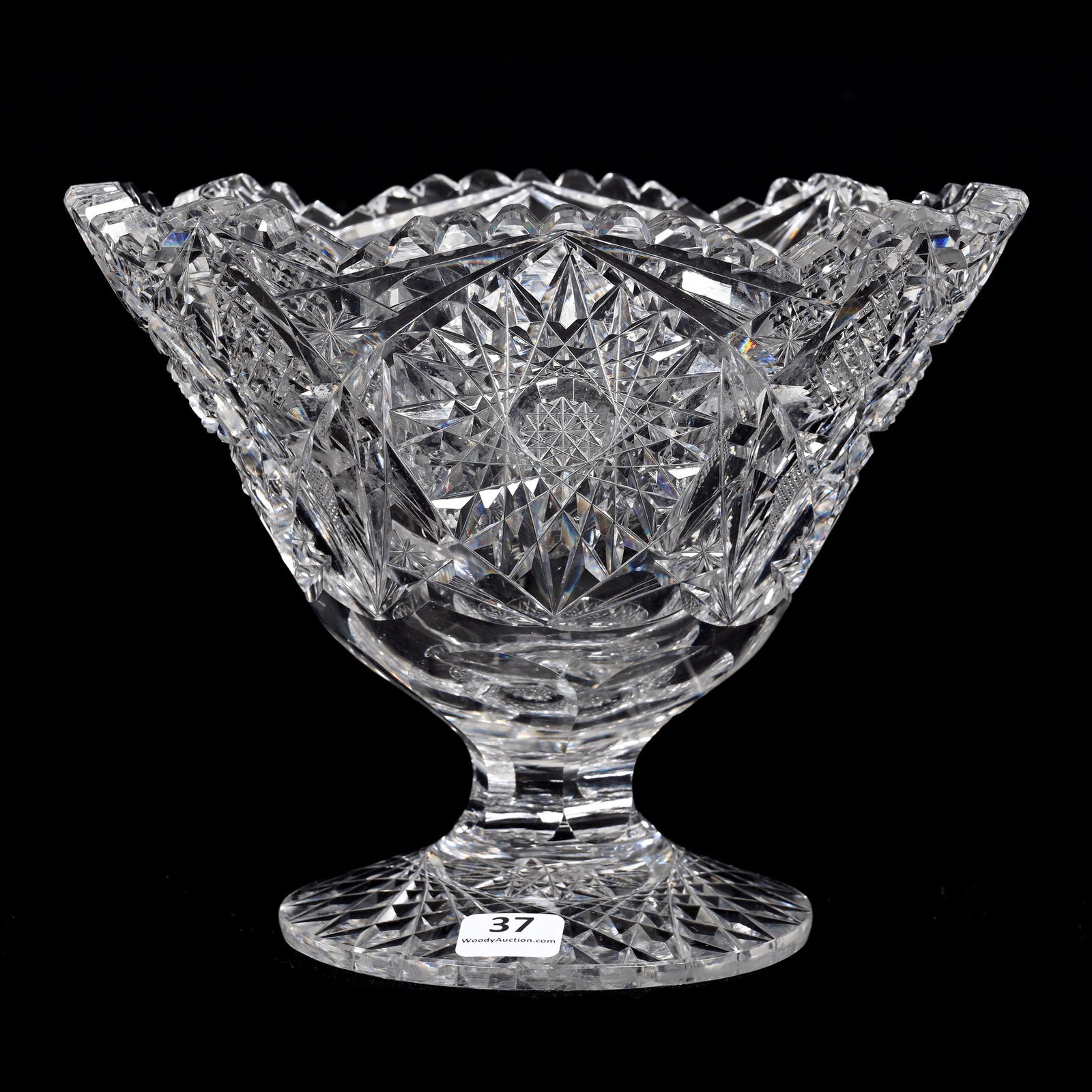 Tazza, American Brilliant Cut Glass: Tazza, American Brilliant Cut Glass, 6.75" X 8.25", Hobstar, Crosscut Diamond, Strawberry Diamond And Star Motif, Hobstar Foot, Heavy Blank, Carl Putzka Collection, Texas.