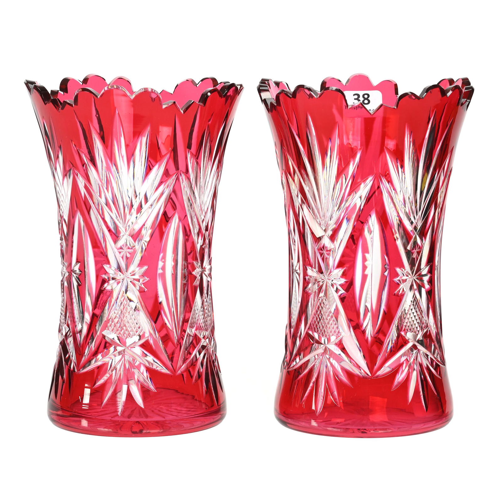 Pair Celery Vases, BPCG, Cranberry Cut To Clear (1 of 3)
