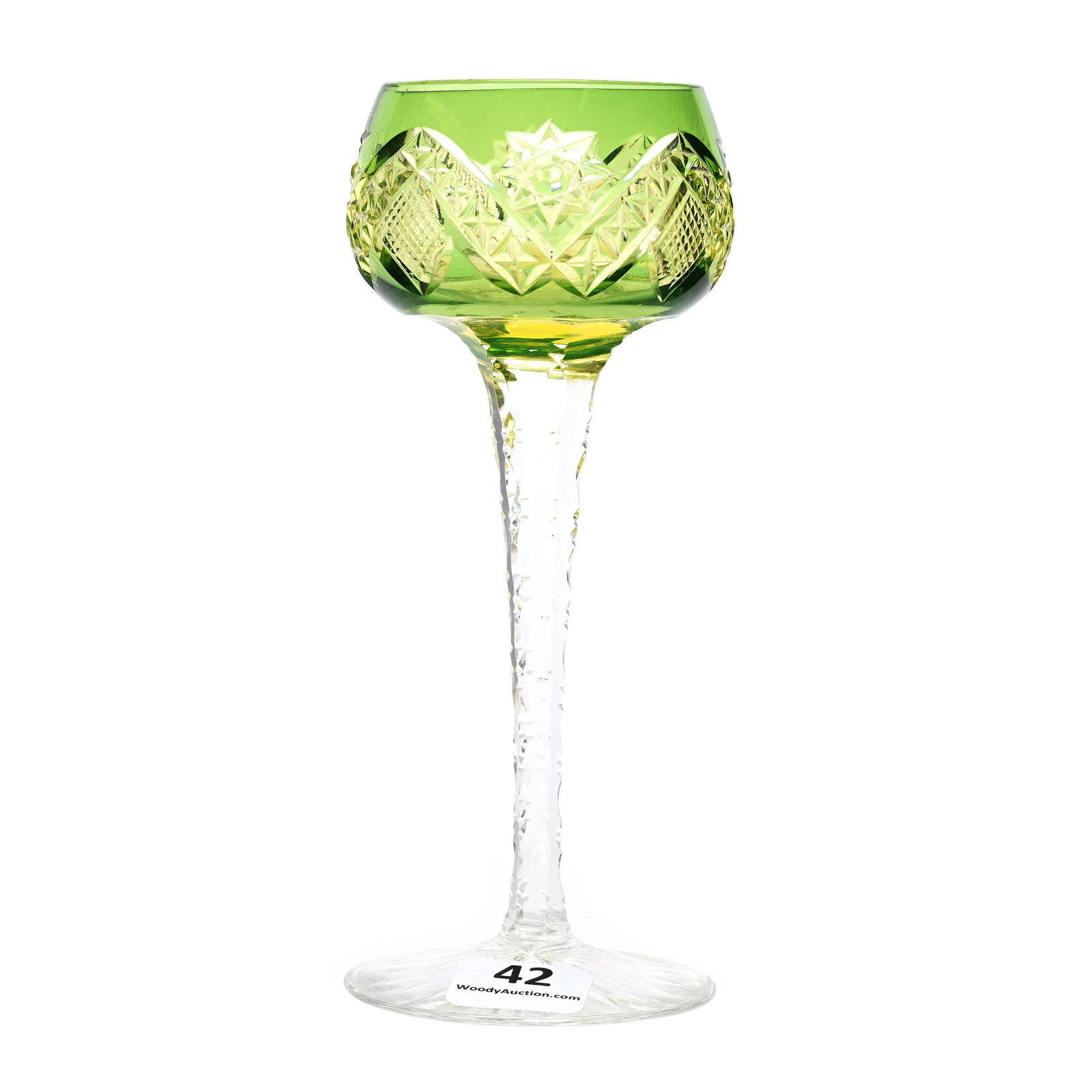 Wine Stem, BPCG, Green Cut Over Vaseline: Wine Stem, Brilliant Period Cut Glass, Green Cut Over Vaseline, 6" X 2.5", Hobstar, Strawberry Diamond And Star Design, Solid Notched Stem, Ray Cut Foot, Attributed To Val St. Lambert, Personal Collec