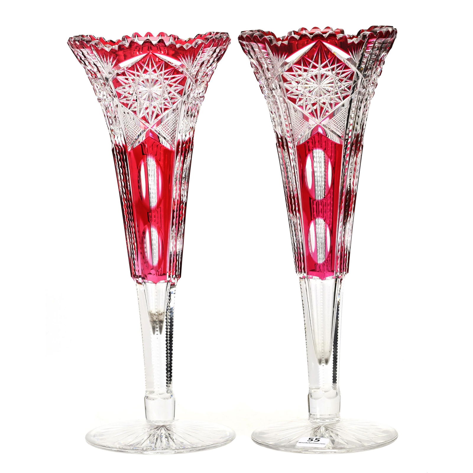 Pair Trumpet Vases, BPCG, Red Cut To Clear (1 of 3)