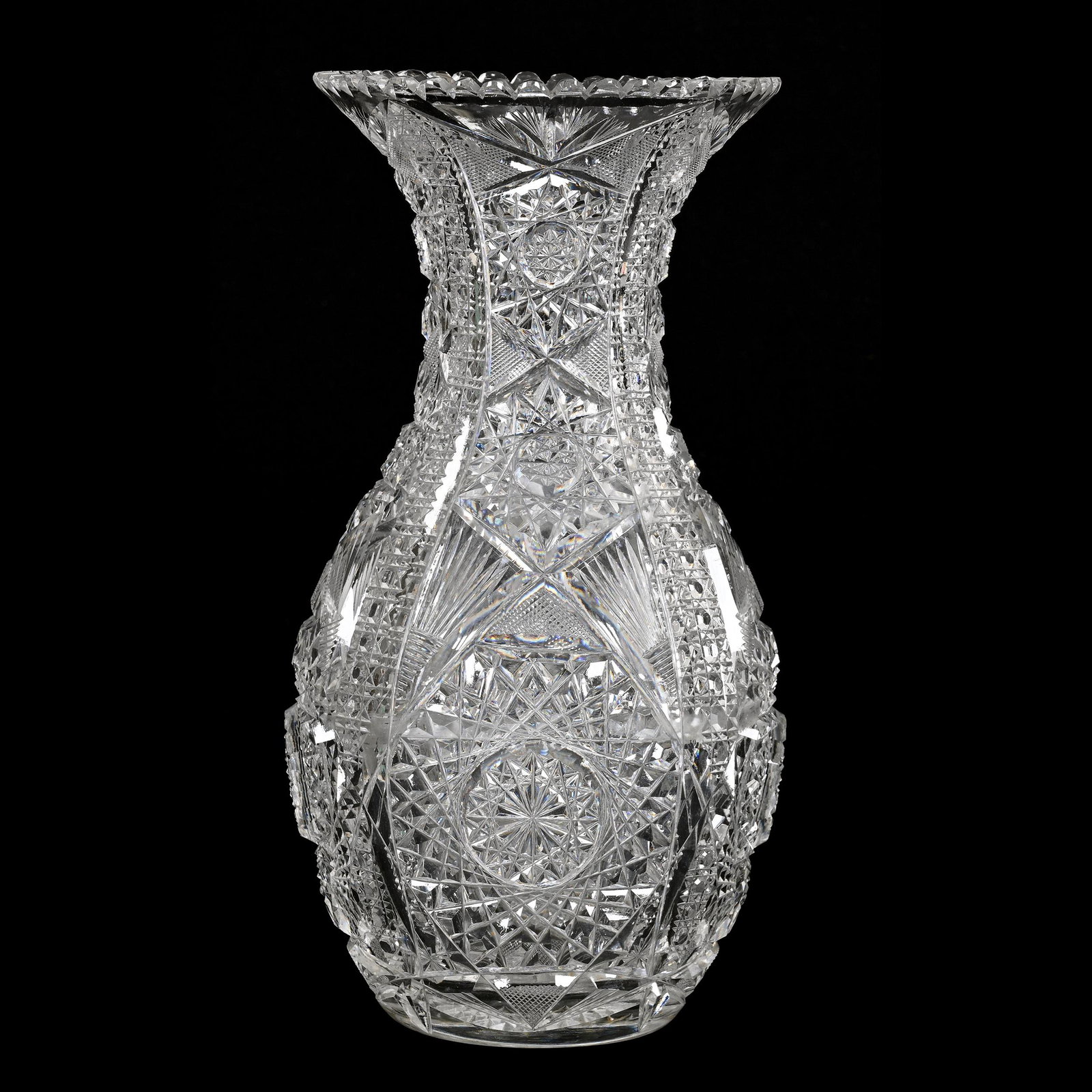 Vase, American Brilliant Cut Glass: Vase, American Brilliant Cut Glass, 14" X 7", Hobstar, Cane, Strawberry Diamond, Star And Fan Motif, Hobstar Base, Estate Of William "Bill" Jay Atzenhoffer.