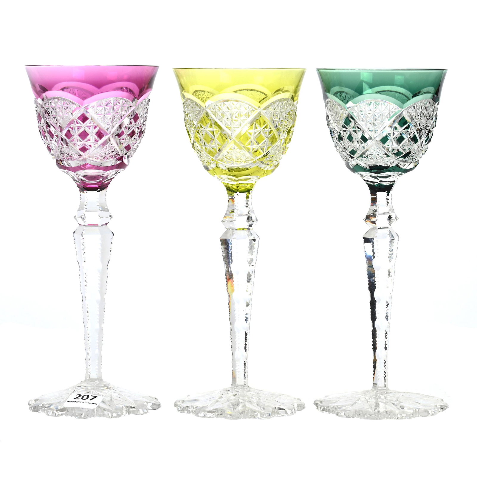 (3) Wine Stems, BPCG, Color Cut To Clear: (3) Wine Stems, Brilliant Period Cut Glass, Color Cut To Clear, 8.75" X 3.5", Verrept Pattern By Val St. Lambert, Circa 1920, (1) Green, (1) Yellow, (1) Amethyst, Solid Notched Stems, Scalloped Hobsta