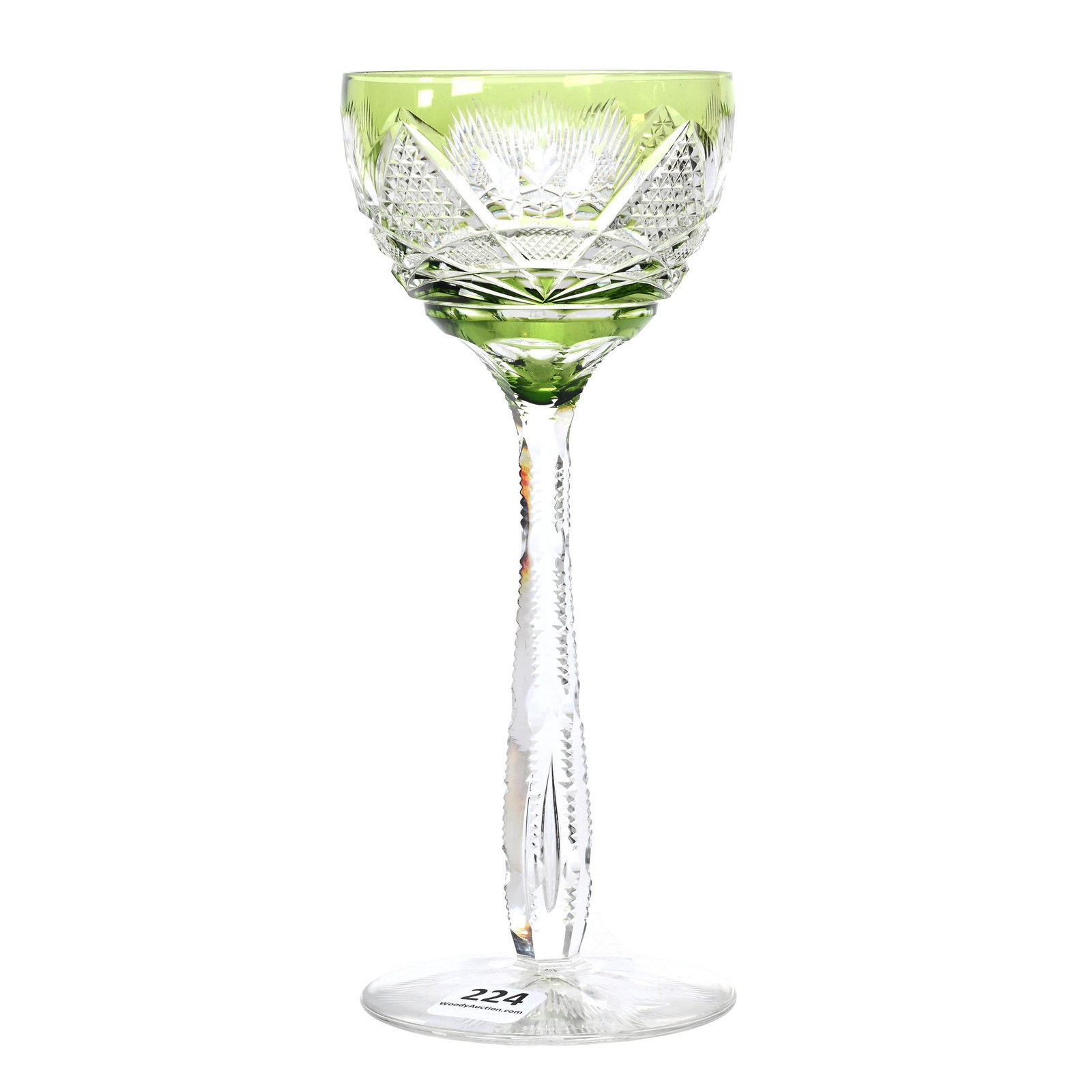 Wine Stem, BPCG, Green Cut To Clear: Wine Stem, Brilliant Period Cut Glass, Green Cut To Clear, 8" X 3.25", Riverton Pattern By Val St. Lambert, Circa 1925, Notched Teardrop Stem, Flashed Ray Cut Foot, Personal Collection.