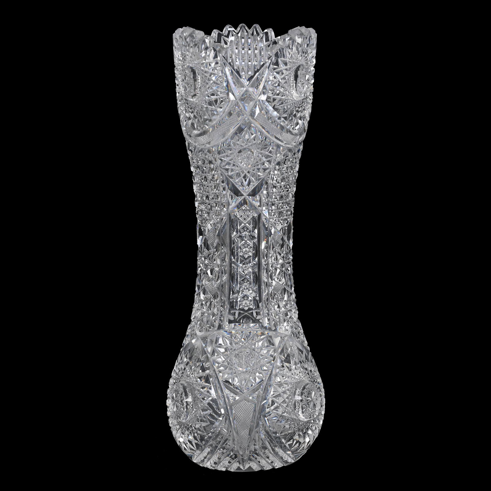 Vase, American Brilliant Cut Glass: Vase, American Brilliant Cut Glass, 12" X 4.5", Hobstar, Cane, Bullseye, Strawberry Diamond And Prism Motif, Hobstar Base, Two Tooth Chips, Carl Putzka Collection, Texas.