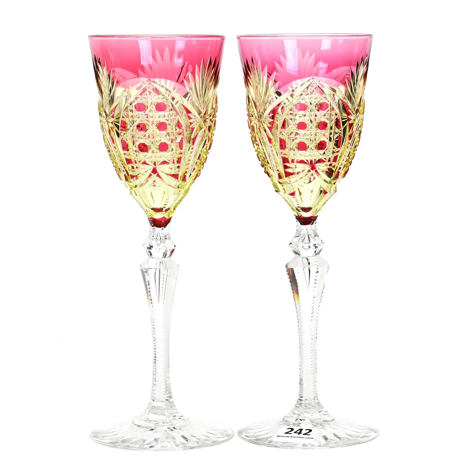 Pair Wine Stems, BPCG, Cranberry Cut To Vaseline: Pair Wine Stems, Brilliant Period Cut Glass, Cranberry Cut To Vaseline, 8.5" X 3", Richepin Pattern By Val St. Lambert, Circa 1920, Double Teardrop Stem, Ray Cut Foot, Personal Collection.