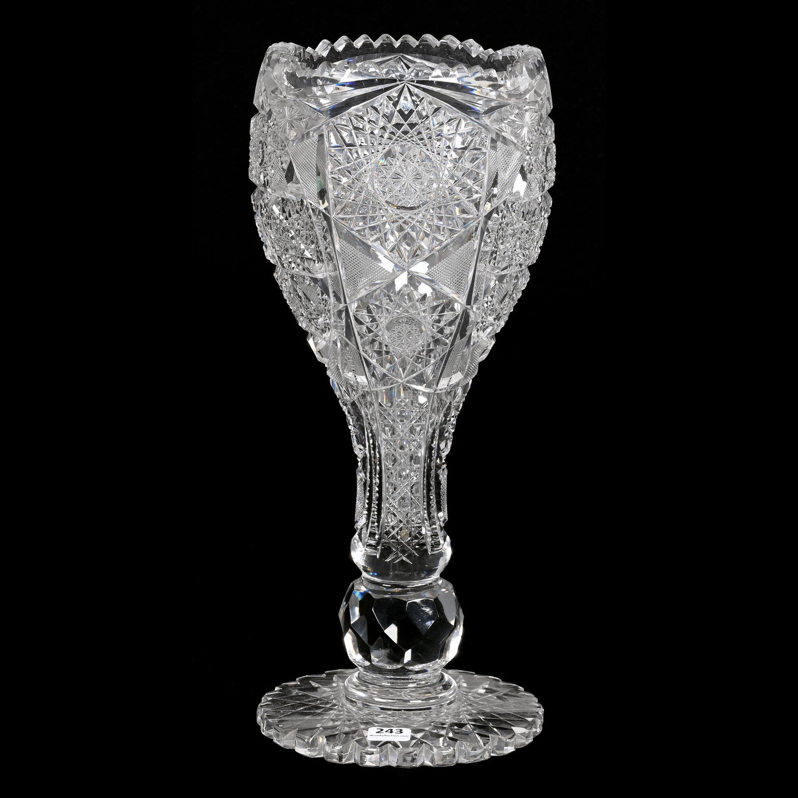 Chalice Vase, American Brilliant Cut Glass: Chalice Vase, American Brilliant Cut Glass, 14.5" X 6", Hobstar, Hobstar Cluster, Strawberry Diamond, Cane, Star And Prism Motif, Large Facet Cut Ball Stem, Scalloped Hobstar Foot, One Tooth Has Side 