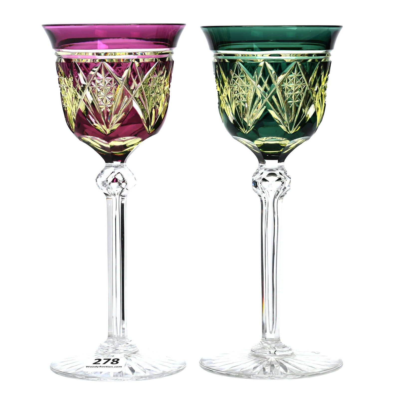 (2) Wine Stems, BPCG, Color Cut To Vaseline: (2) Wine Stems, Brilliant Period Cut Glass, Color Cut To Vaseline, 7.5" X 3", Ferber Pattern By Val St. Lambert, Circa 1925, (1) Amethyst Cut To Vaseline, (1) Emerald Green To Vaseline, Highly Reactiv