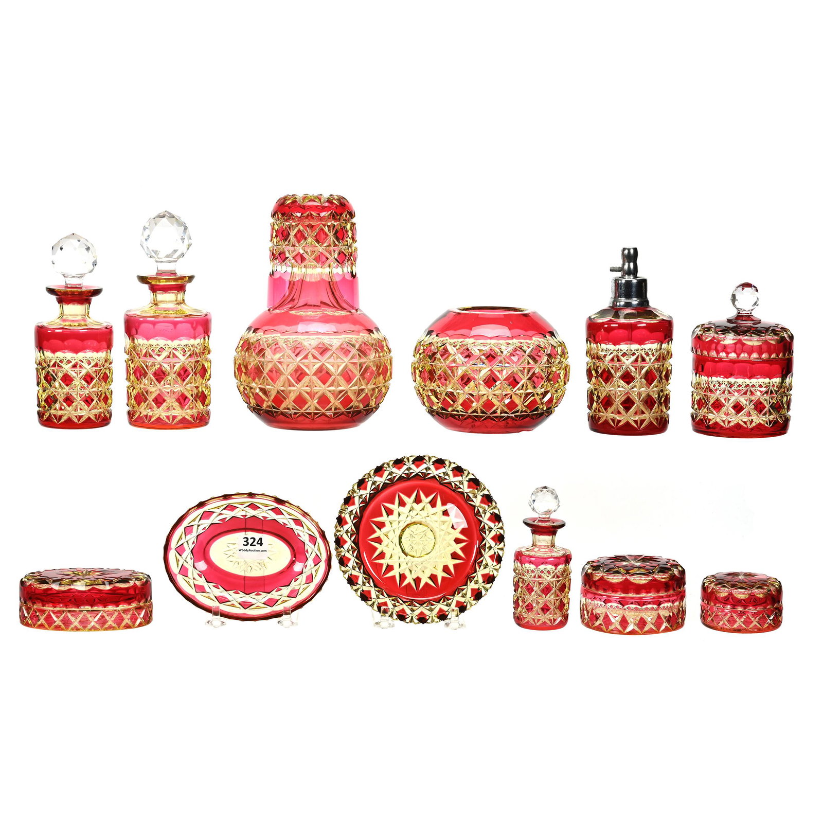 Dresser Set, BPCG, Cranberry Cut To Vaseline (1 of 9)