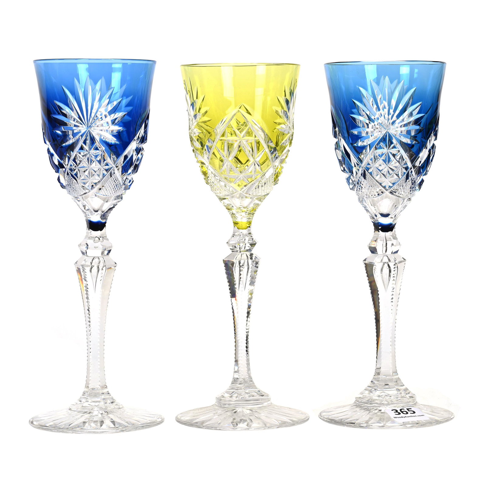 (3) Wine Stems, BPCG, Color Cut To Clear: (3) Wine Stems, Brilliant Period Cut Glass, Color Cut To Clear, 8.25" X 3", Design 3269/17 By Val St. Lambert, Circa 1905, (2) Blue Cut To Clear, (1) Yellow Cut To Clear, One Of The Blue And The One Y