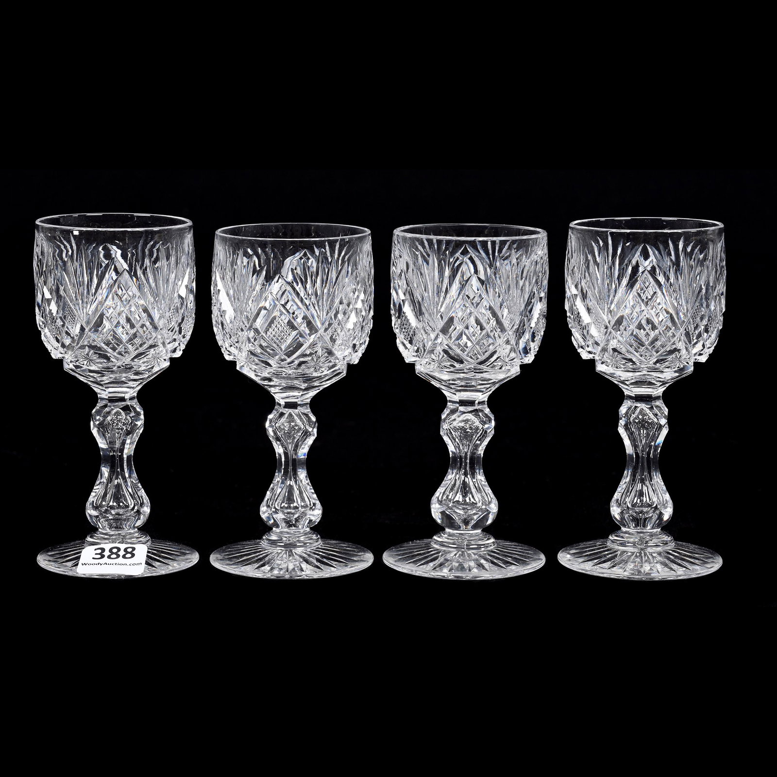 (4) Wine Stems, ABCG, Harvard Pattern By Libbey: (4) Wine Stems, American Brilliant Cut Glass, Harvard Pattern By Libbey, 4.5" X 2", Double Teardrop Stem, Ray Cut Foot, Carl Putzka Collection, Texas.
