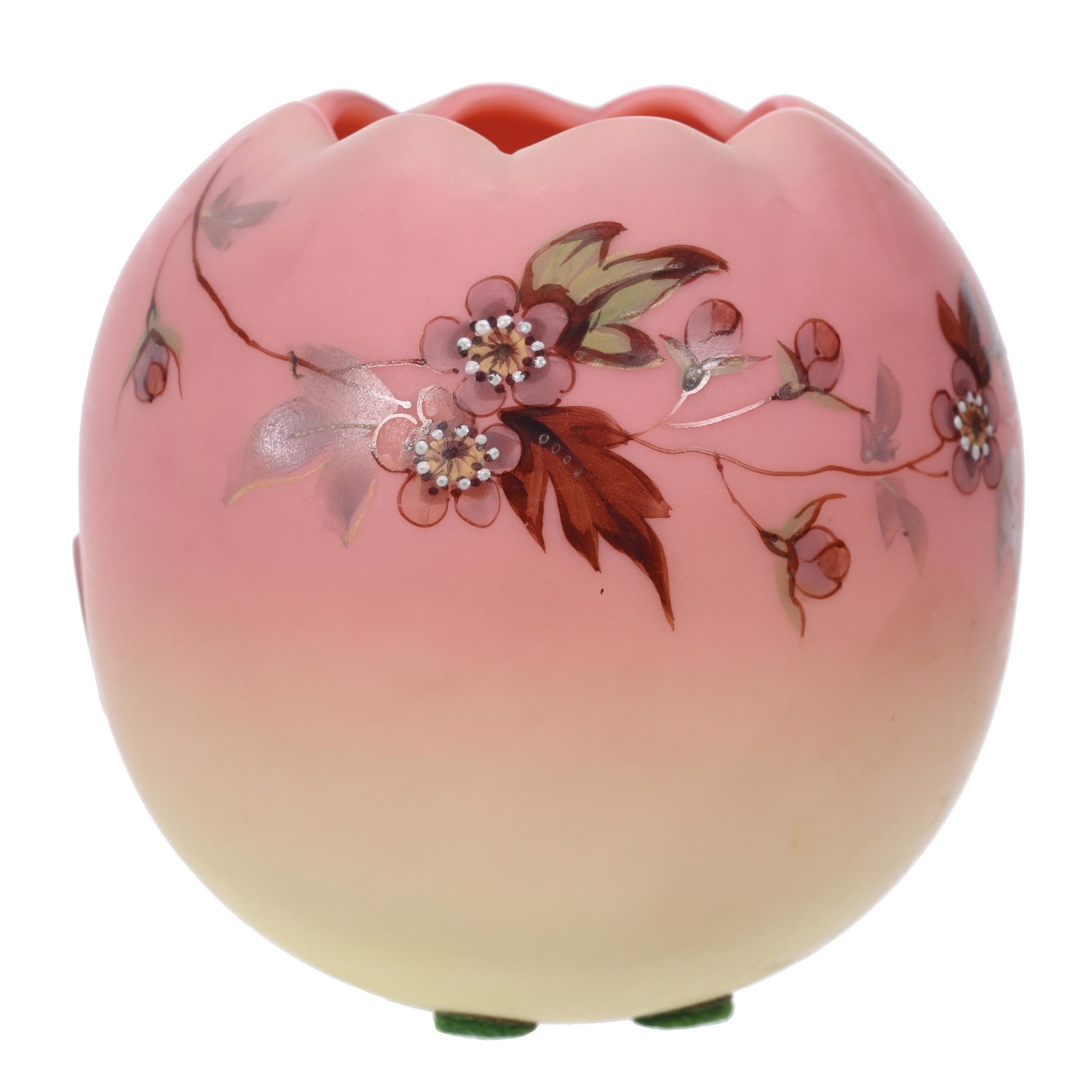 Rose Bowl, Decorated Burmese Art Glass: Rose Bowl, Decorated Burmese Art Glass, 3.5" X 3.5", Branch And Blossom Decor, California Private Collection.