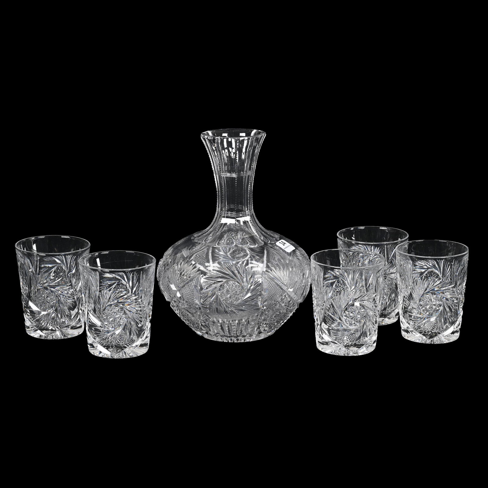 Carafe Set, American Brilliant Cut Glass: Carafe Set, American Brilliant Cut Glass, Hobstar, Strawberry Diamond, Prism, Pinwheel And Fan Motif, (1) 8.5" X 6.5" Carafe, (5) Similar Pattern 3.75" Tumblers With One Marked Clark, Private Collecti