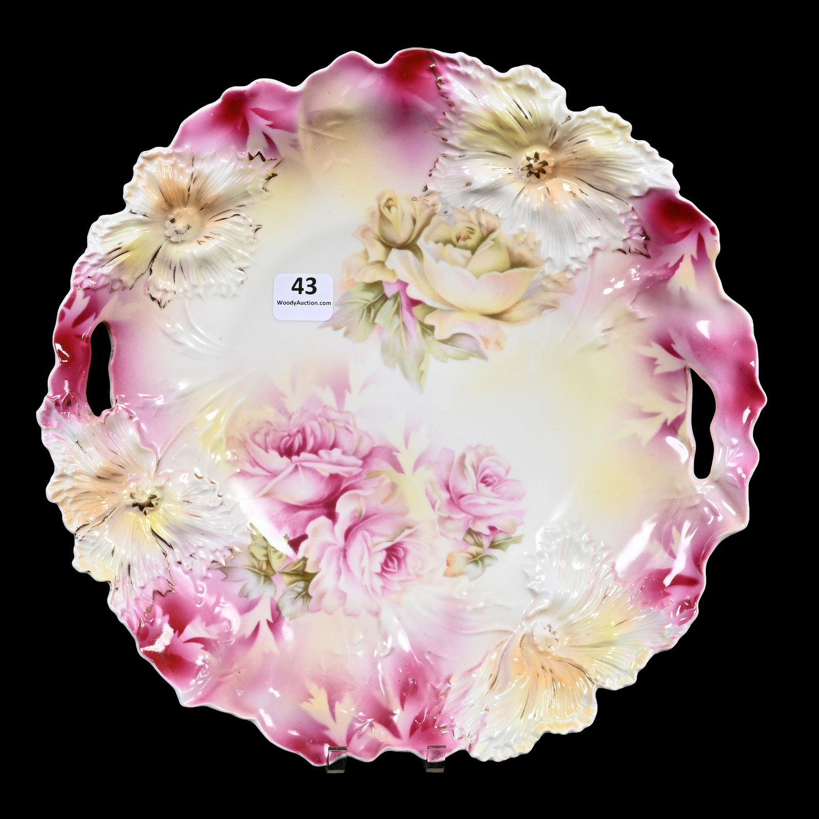 Cake Plate Marked R.S. Prussia, Carnation Mold: Cake Plate Marked R.S. Prussia, Carnation Mold, 10.25", Pink And Yellow Tones, Pink And Yellow Rose Decor, Private Collection, Nebraska.