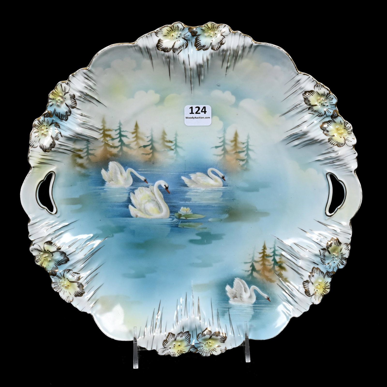 Cake Plate Marked R.S. Prussia, Icicle Mold: Cake Plate Marked R.S. Prussia, Icicle Mold, 11", Swan Scenic Decor, Brad & Eunice Witt Collection.