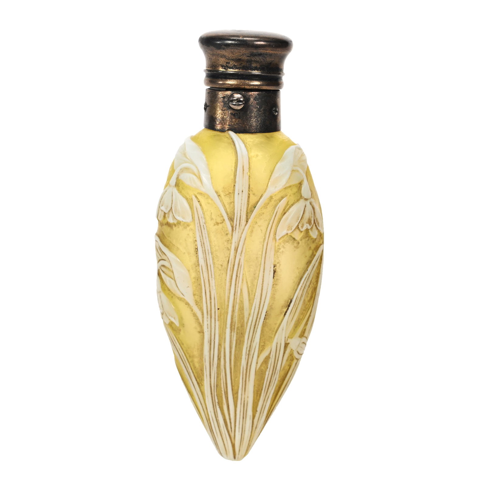 Scent Bottle, English Cameo Art Glass: Scent Bottle, English Cameo Art Glass, 4" X 1.625", Citrine Ground With White Cameo Carved Floral Overlay, Gorham Sterling Silver Flip Cap, Nice Quality, David Linard Collection, South Carolina.