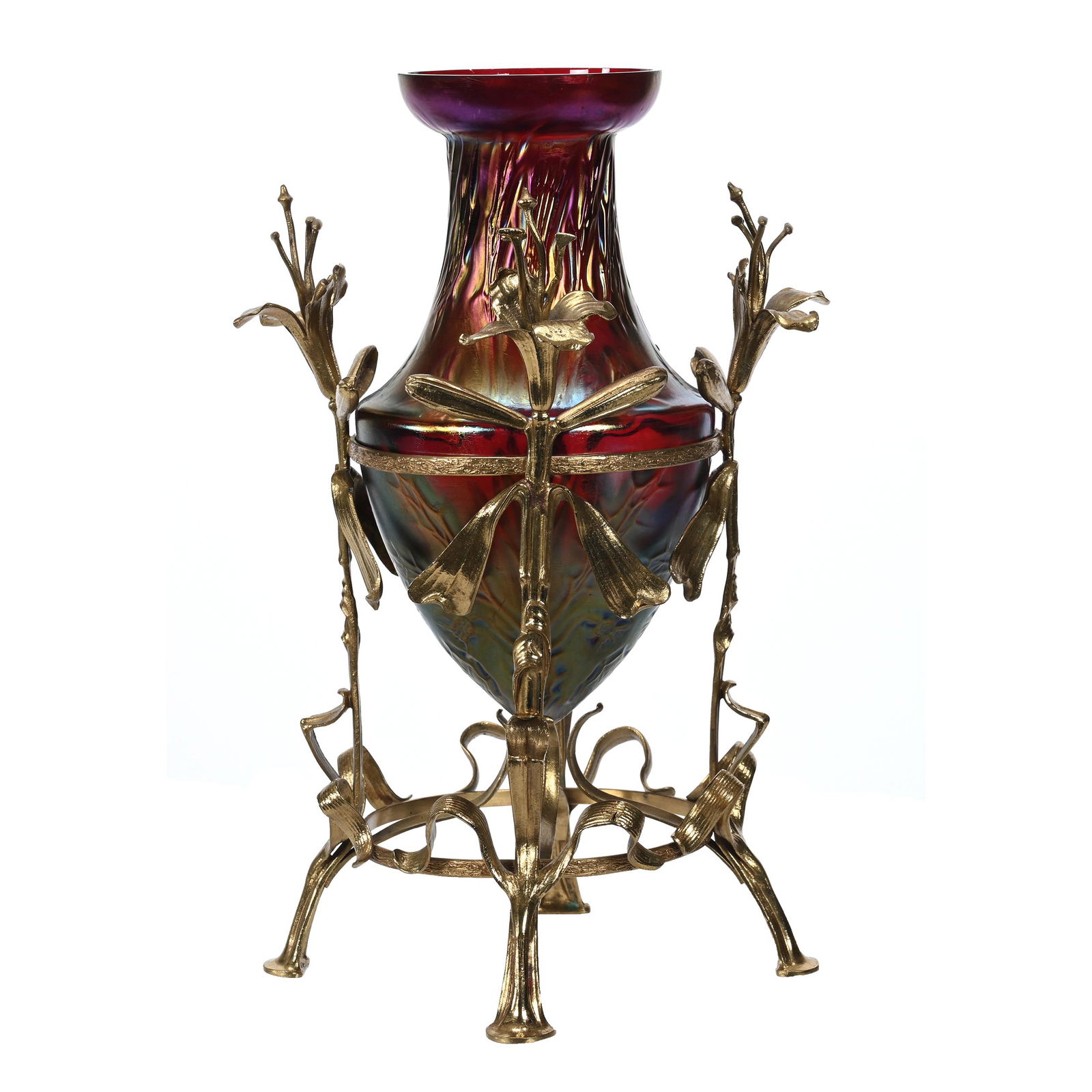 Vase In Metal Stand, Loetz-Style Red Iridescent: Vase In Metal Stand, Loetz-Style Red Iridescent, 13.75" X 7", Molded Thistle & Leaf Design, Set In Elaborate Gilt Metal Frame With Three-Dimensional Floral Design, One Flower Needs Re-Attached To Fram