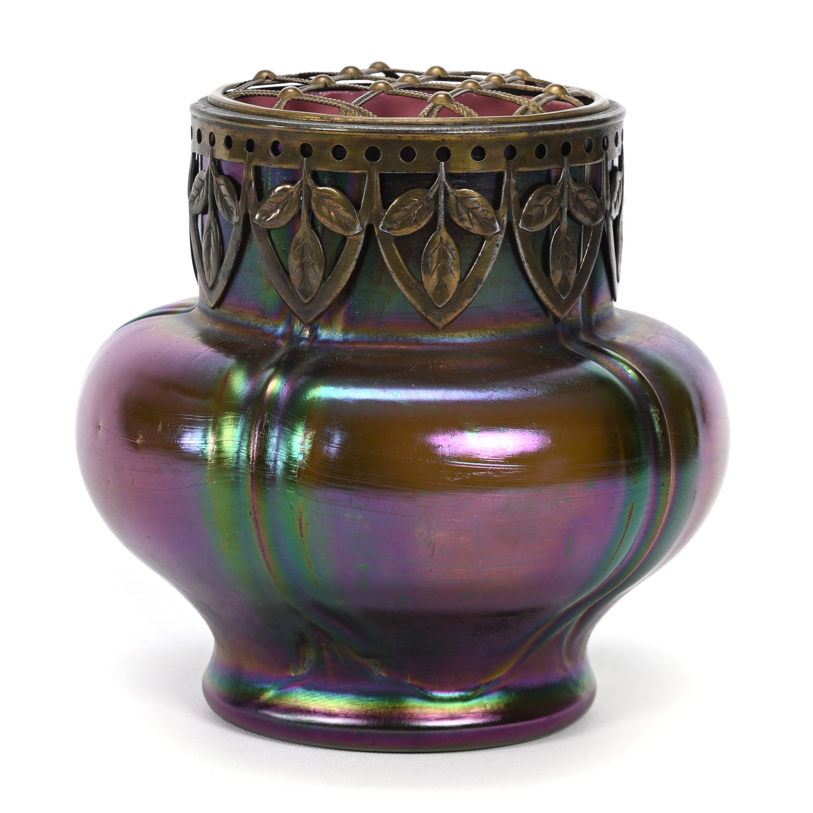 Vase, Green Iridescent Art Glass: Vase, Green Iridescent Art Glass, 5" x 5", Pink Interior, Gilt Metal Flower Frog Top, Some Rim Roughness, Kansas Private Collection.