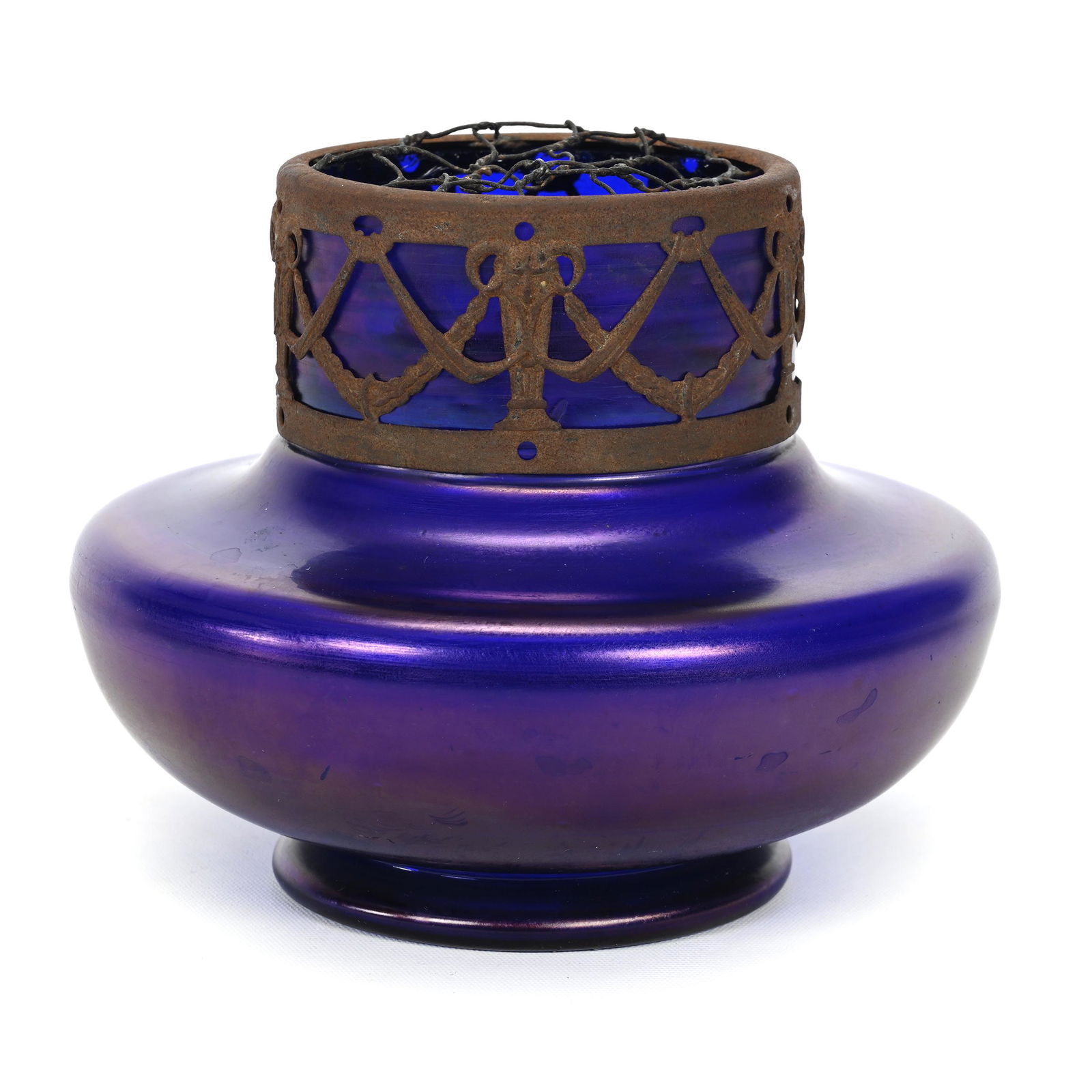 Vase, Cobalt Blue Iridescent Art Glass: Vase, Cobalt Blue Iridescent Art Glass, 4.75" x 5.75", Metal Flower Frog Top, Kansas Private Collection.