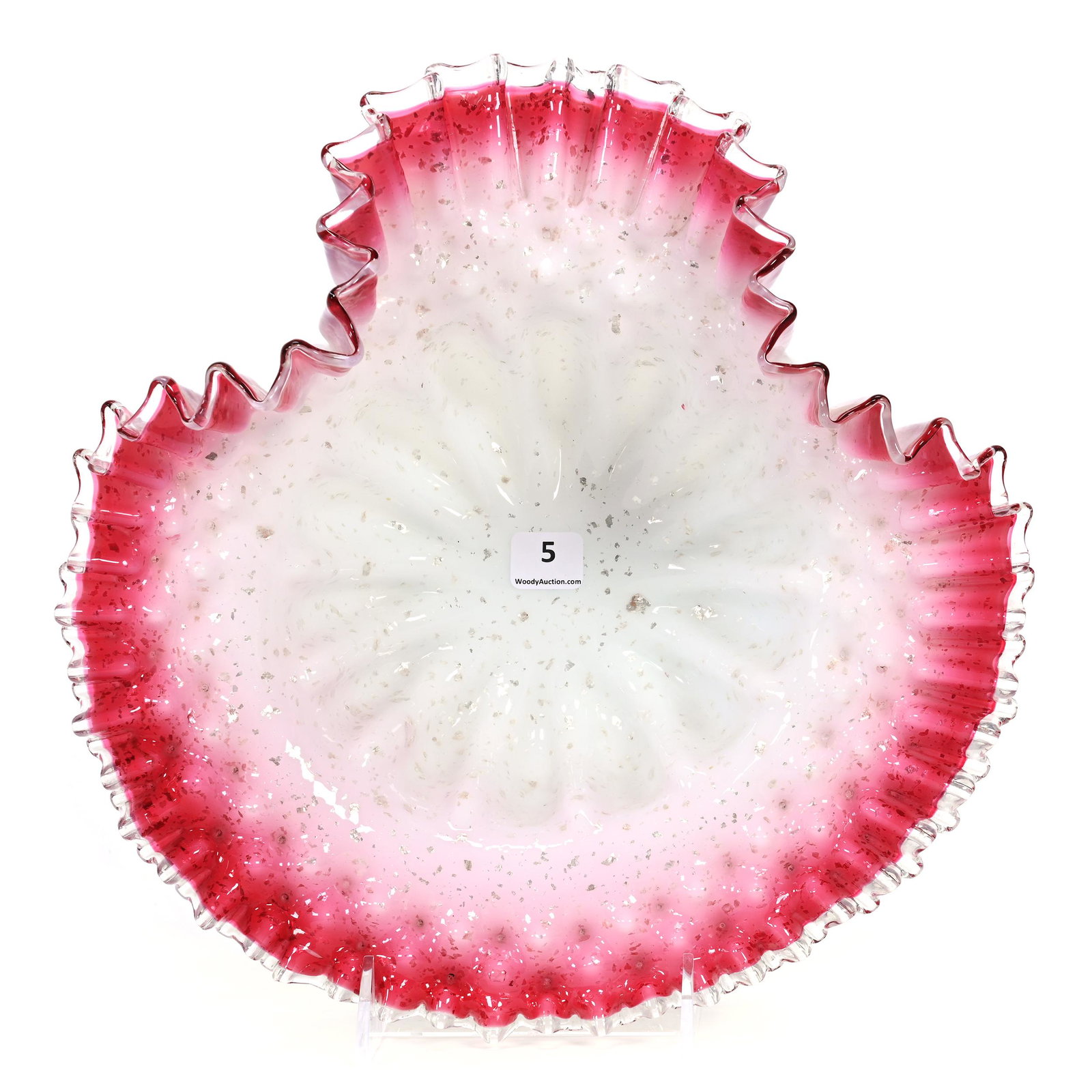 Brides Bowl, Pink And White Cased Art Glass: Brides Bowl, Pink And White Cased Art Glass, 4.75" x 11.25", Silver Mica Highlights, Melon Ribbed, Candy Ribbon Edge, Base Diameter Of Approximately 5.5", Kansas Private Collection.