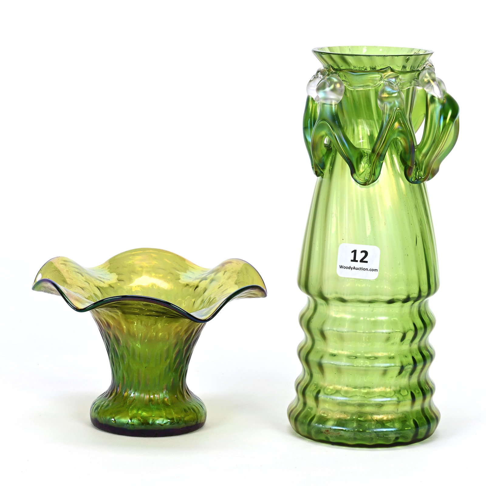 (2) Vases, Art Glass, Green Iridescent Loetz-Style (1 of 3)