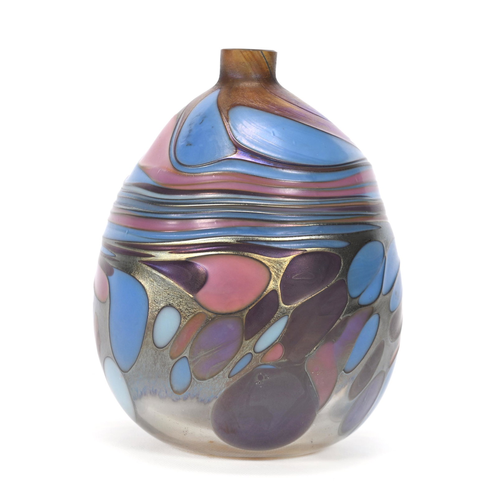 Vase, Contemporary Art Glass, Artist Signed "Cox": Vase, Contemporary Art Glass, Artist Signed "Cox", 4.25" x 3.25", Attributed To Brent Cox, Dated 1985, Gold Iridescent Ground With Pastel Blue, Pink And Amethyst Oil Spot Design, Small Surface Chip, K