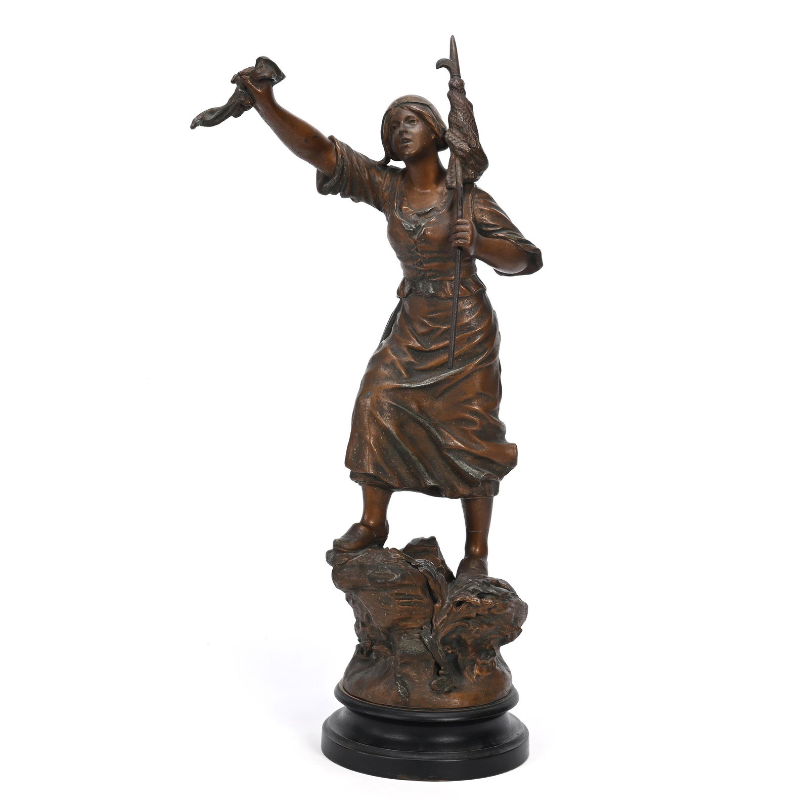 White Metal Figure Titled "Distress", Ebony Base: White Metal Figure Titled "Distress", Ebony Base, 23" x 12", Figure Of Woman Carrying Fishing Pike And Net On Rocky Ledge & Waving Handkerchief, Some Repair/Cracks To Handkerchief, Seam Separation On 