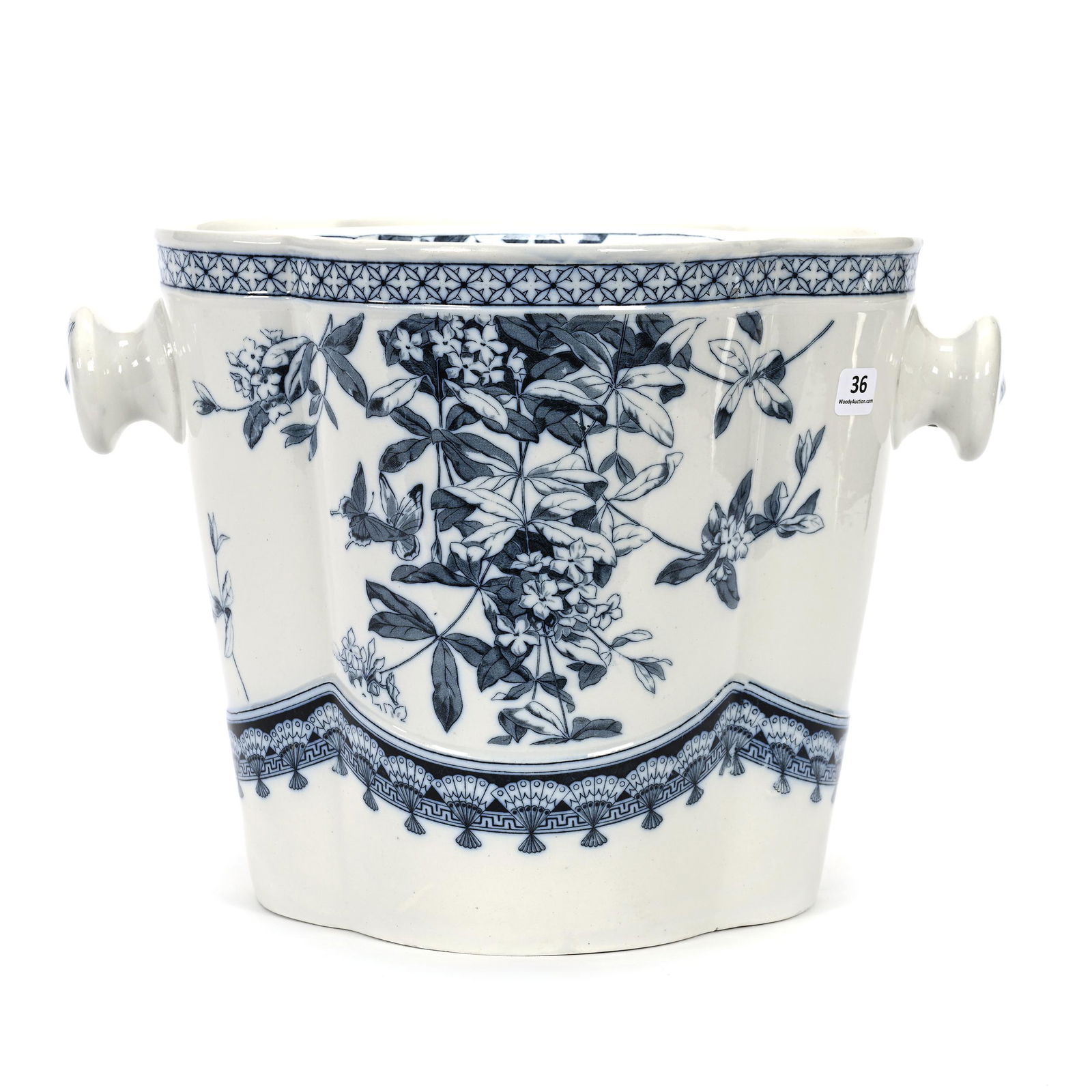 Covered Waste Jar, Two Handles, English Flow Blue: Covered Waste Jar, Two Handles, English Flow Blue, 10" x 14", By Brownfield & Sons (1871-1891), Toronto Pattern, Circa 1890, Hairline In Base, NY Private Collection.