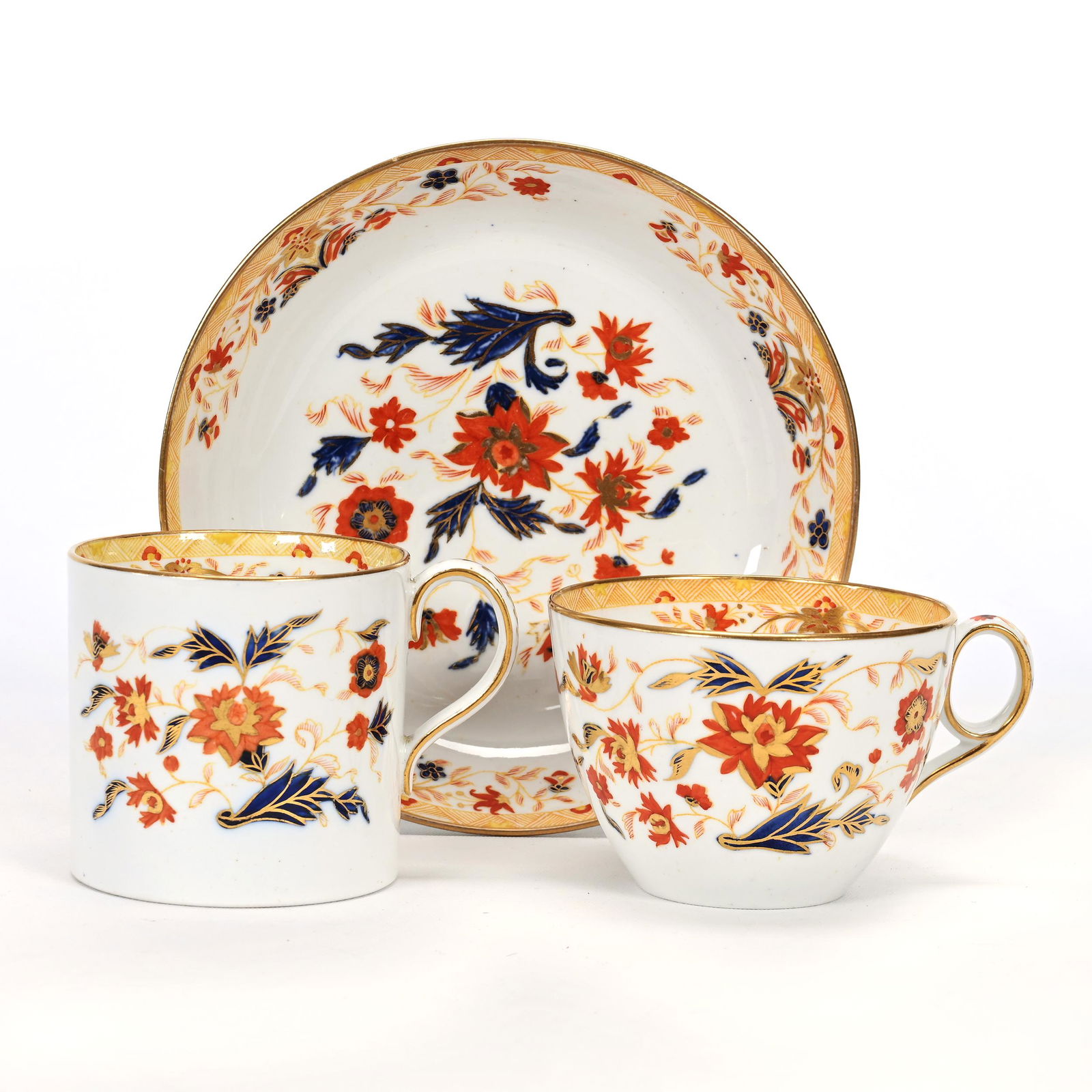 (3) Wedgwood First Period Bone China Items: (3) Wedgwood First Period Bone China Items, White With Orange And Blue Floral Decor, All In Same Pattern, (1) 2.5" Cup, (1) 2.25" Cup, (1) 5.5" Bowl, All Are Marked Wedgwood, Circa 1812-1822, NY Priva
